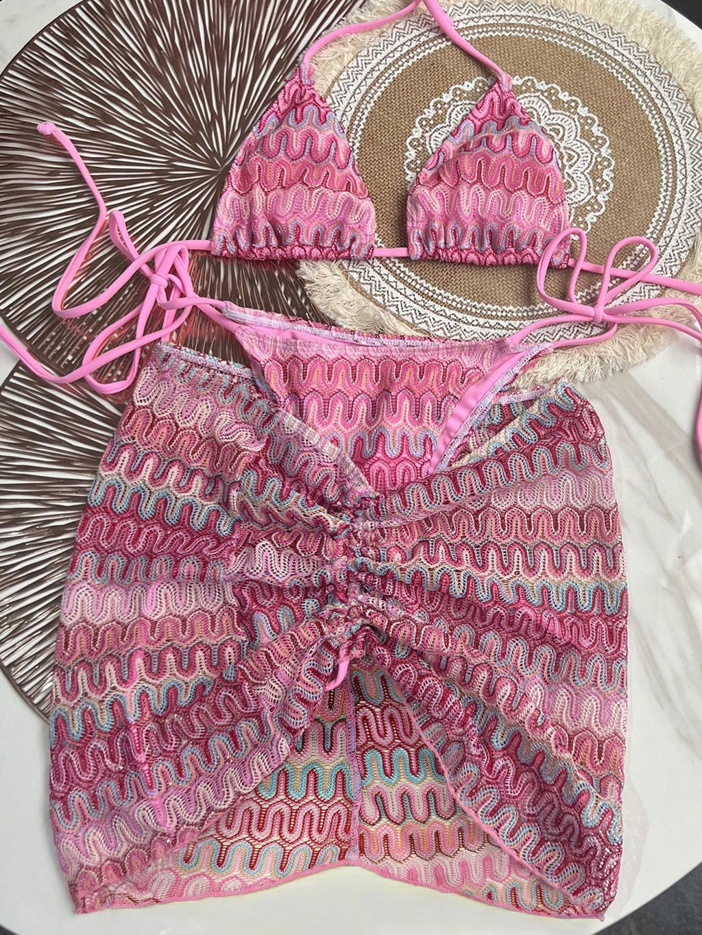 Bikinx Women's Summer Beach Wavy Pattern Halter Tie Sexy Bikini Set
