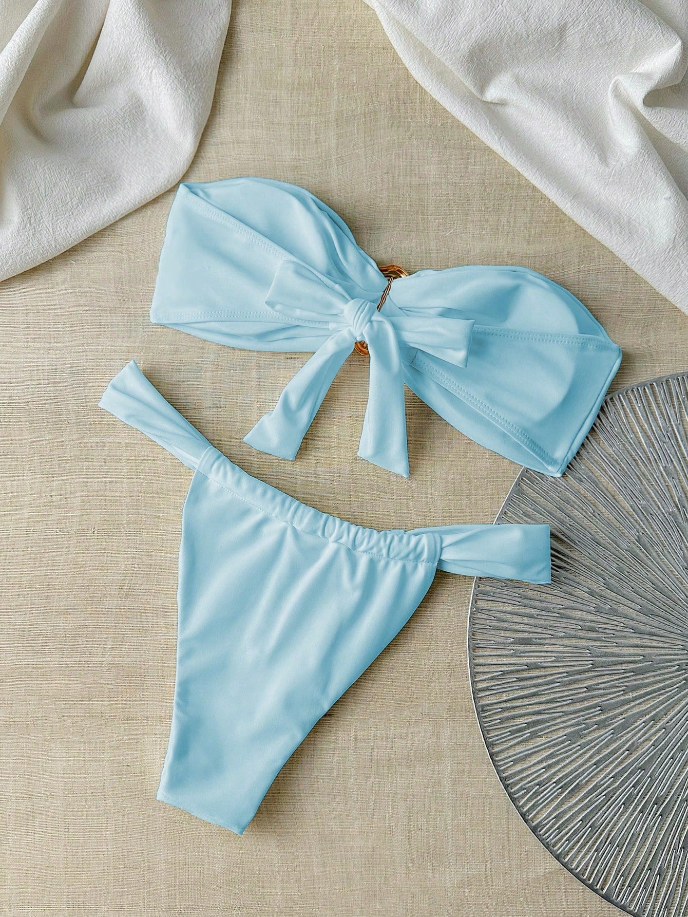 Swim Chiccia Women's Summer Solid Color Bandeau Metallic Accent & Thong Bikini Swimwear Set, Sexy - image 12