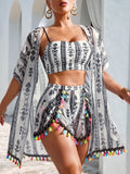4pcs/Set Tassel Cover Up, Beach Shorts Bikini Set Summer