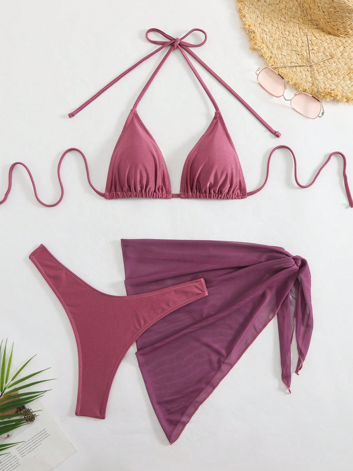 LUCKY HOLIDAY 3pcs Sexy Mesh Dress Bikini Set, Summer Vacation Beach