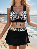 1 Set Women's 3-Piece Bikini Swimwear, Leopard Print Splice Ruched