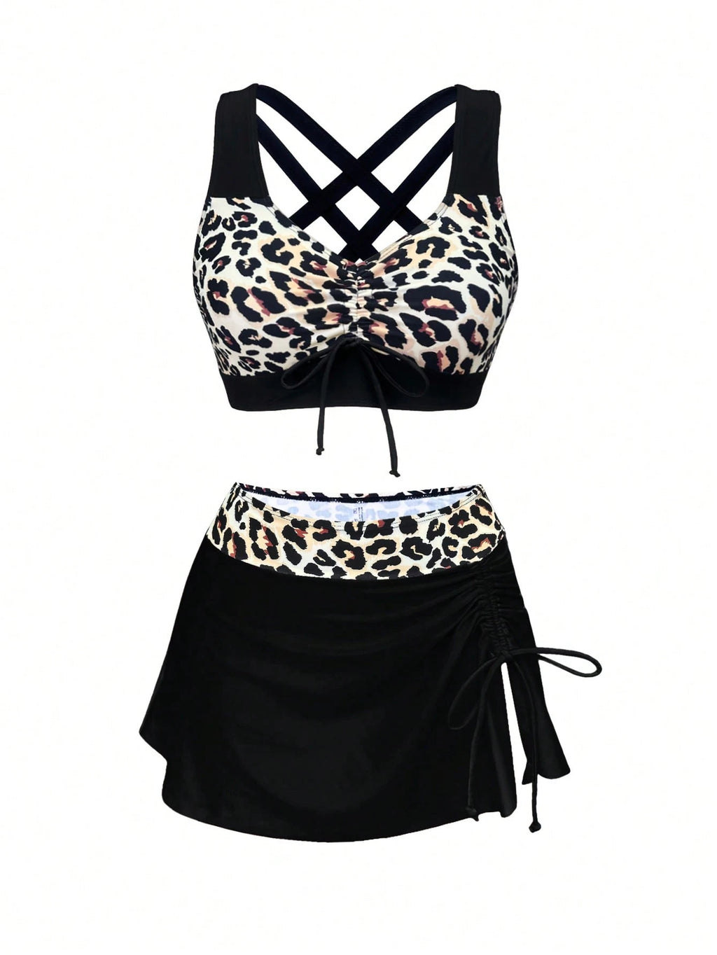 1 Set Women's 3-Piece Bikini Swimwear, Leopard Print Splice Ruched