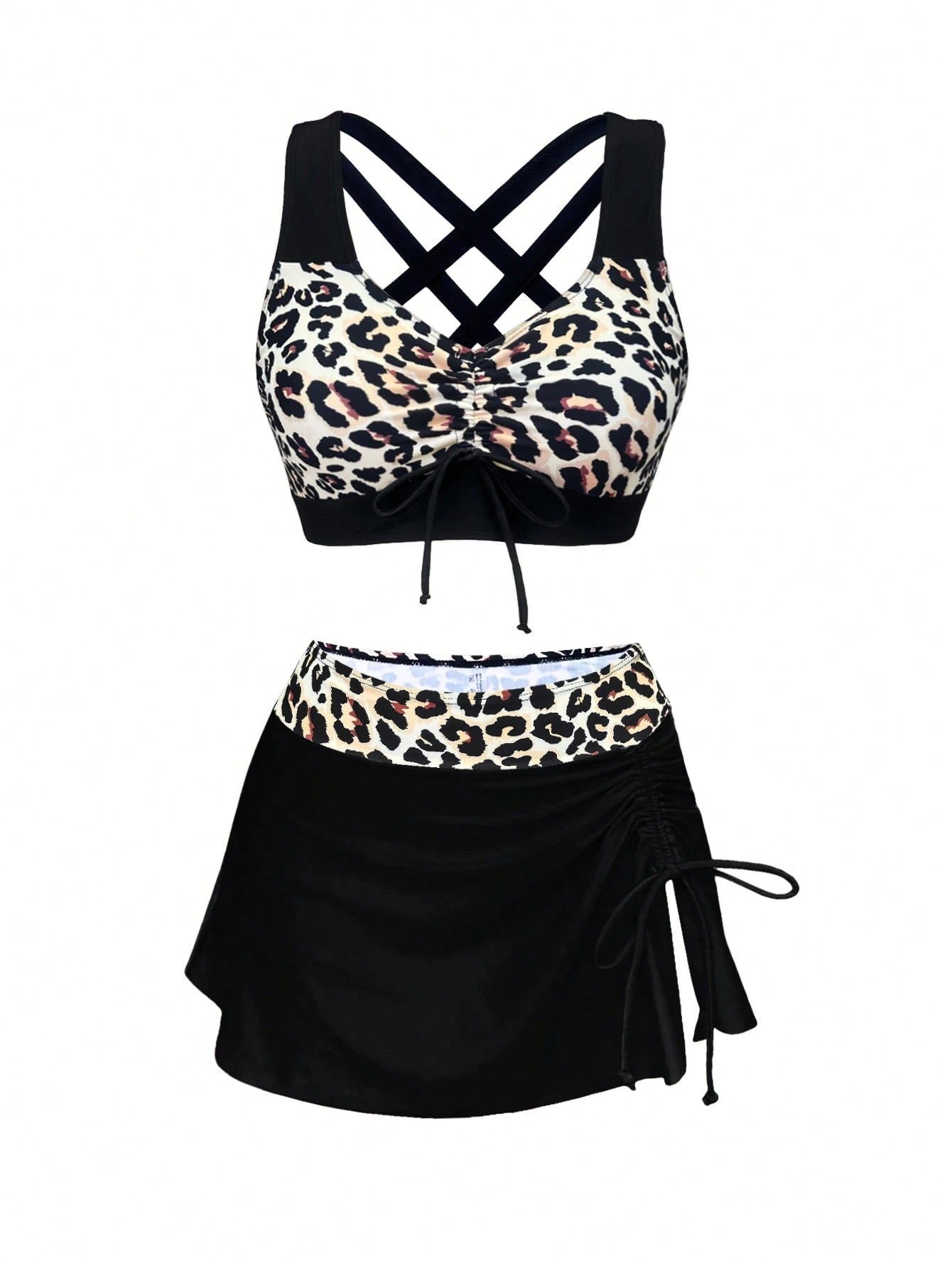 1 Set Women's 3-Piece Bikini Swimwear, Leopard Print Splice Ruched