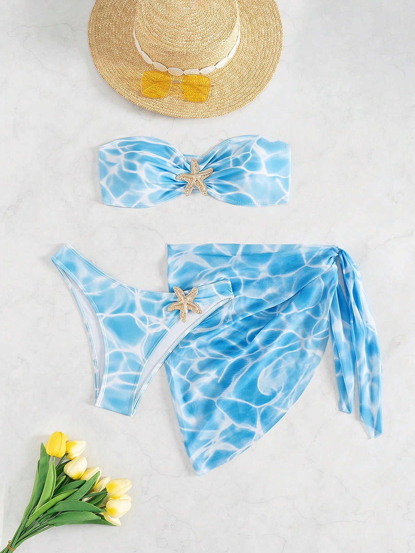 Swim Vcay Women's 3-Piece Swimwear Set With Bandeau Top, Starfish