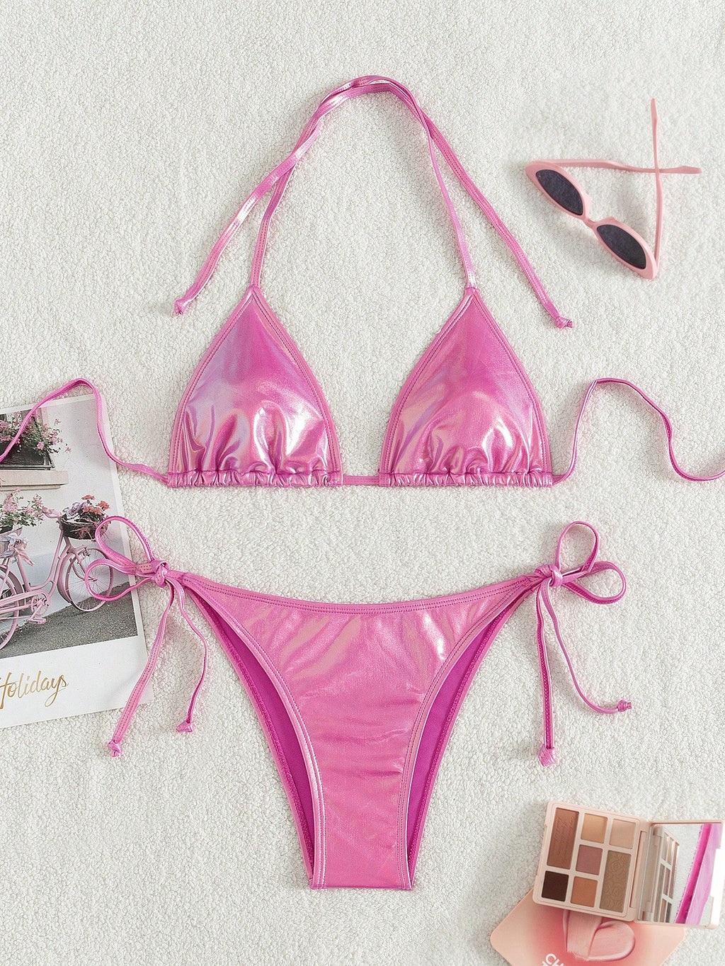 Swim Basics Women's Solid Color Metal-Accented Halter Tie Sexy Bikini Set, Summe