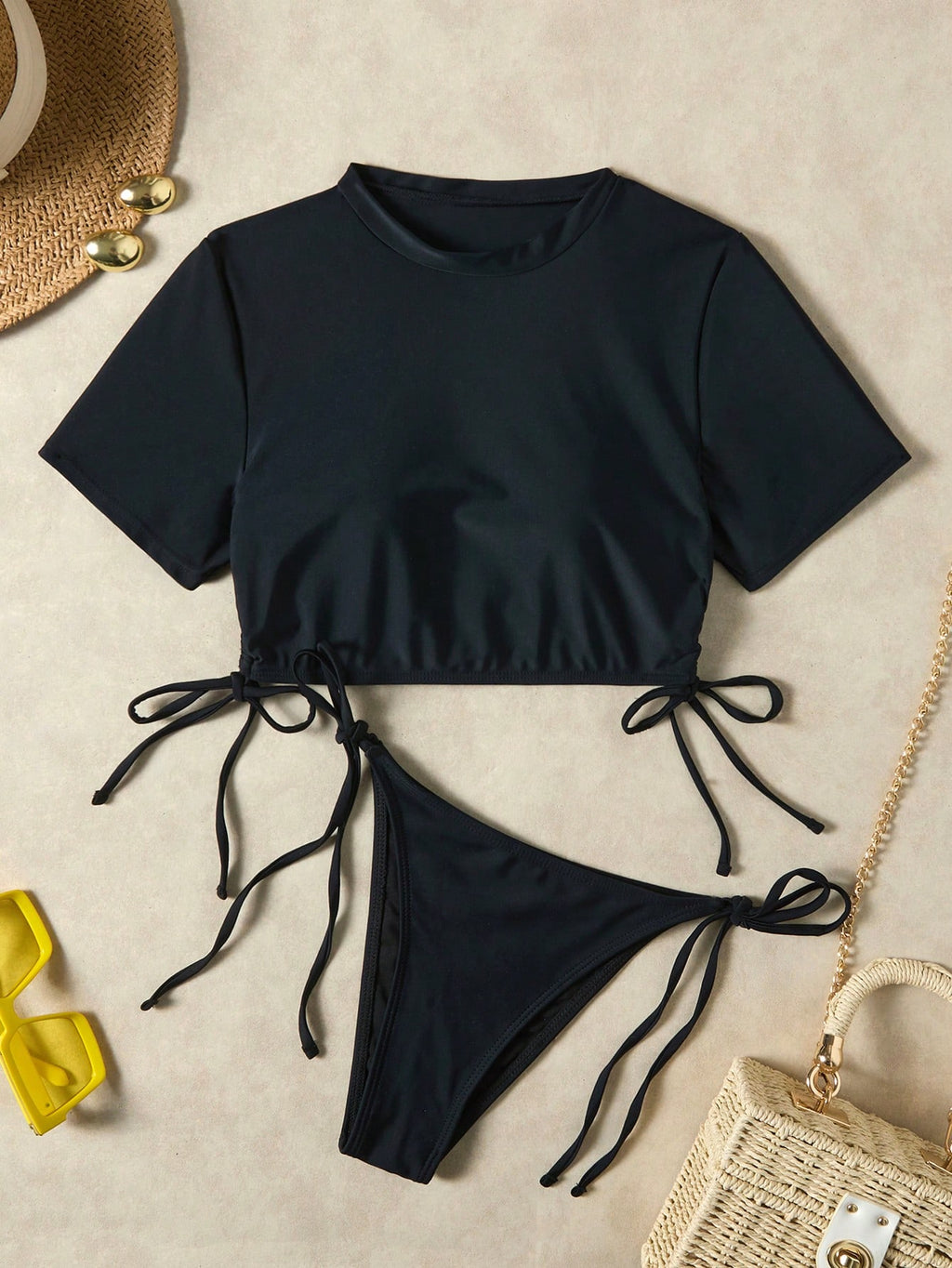 New Summer Drawstring Solid Color Bikini Women's Beach Swimwear