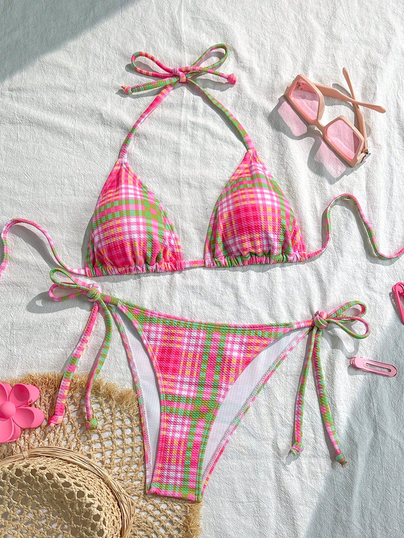 Swim Mod 2pcs/Set Women's Random Plaid Print Spaghetti Strap Sexy
