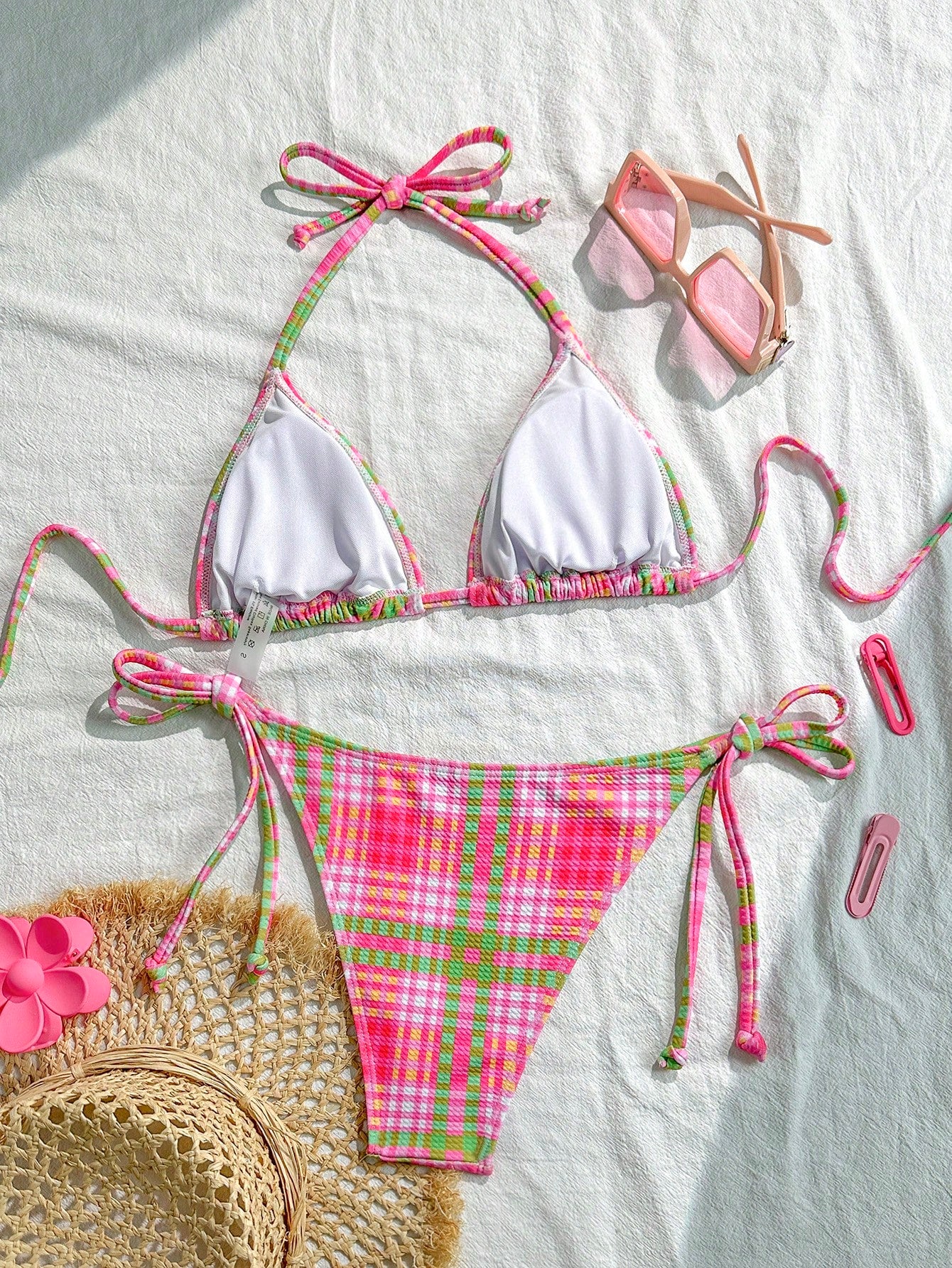 Swim Mod 2pcs/Set Women's Random Plaid Print Spaghetti Strap Sexy