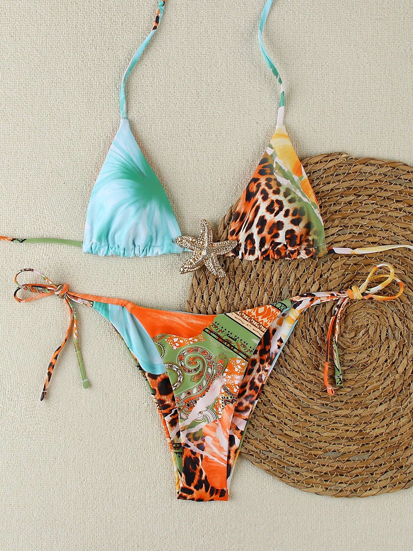 Women's Fashionable Elegant Blue & Orange Floral Print Sexy Halter Metal Starfish Decor Casual Bikini Set Set