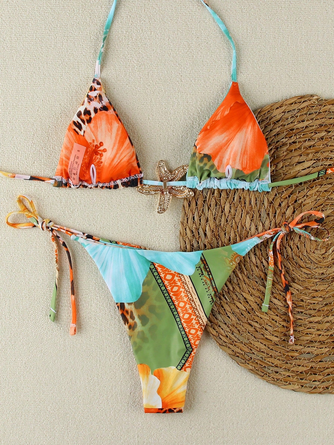 Women's Fashionable Elegant Blue & Orange Floral Print Sexy Halter Metal Starfish Decor Casual Bikini Set Set - image 2