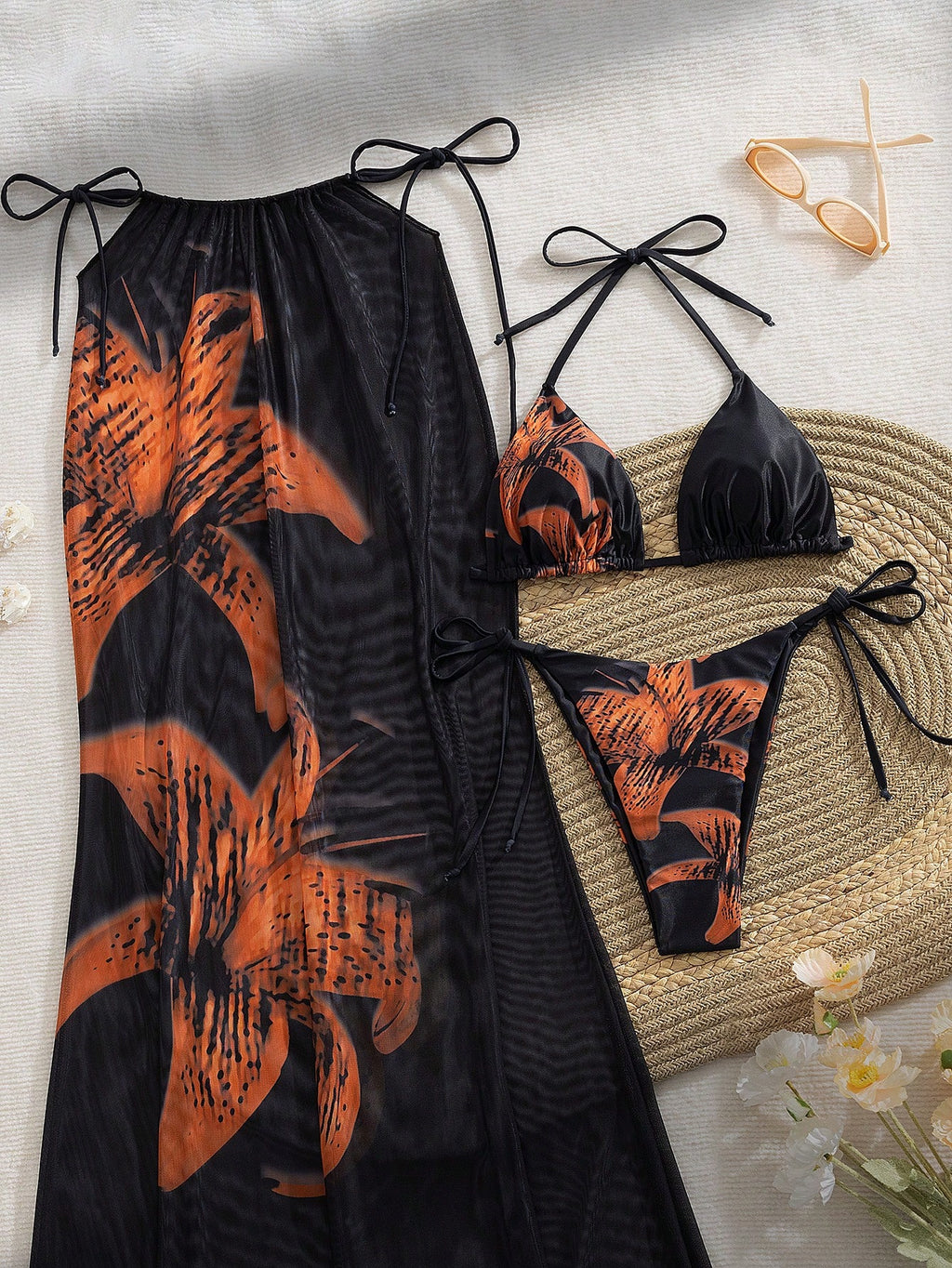 3pcs/Set Women's Halter Floral Print Skirt And Bikini Swimsuit Set, Summer Vacat