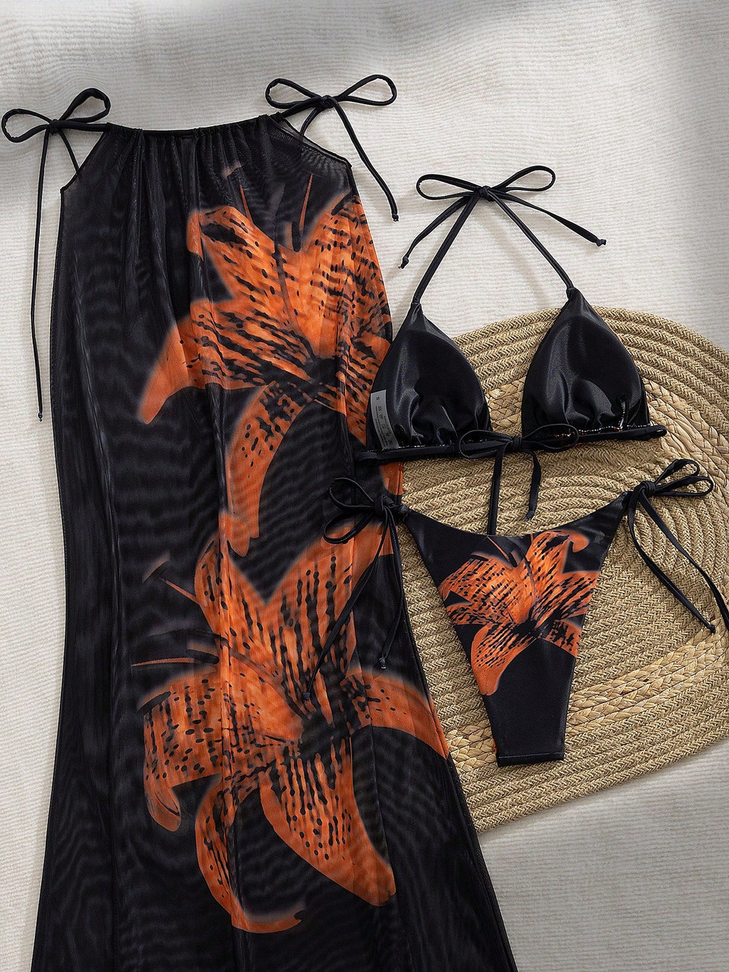 3pcs/Set Women's Halter Floral Print Skirt And Bikini Swimsuit Set, Summer Vacat