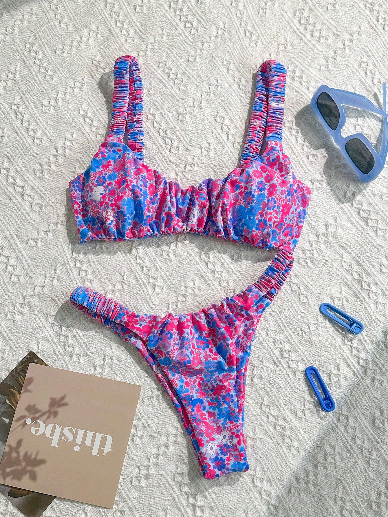 Swim Mod Women's Solid Color Ruched High Cut Sexy Bikini Set,