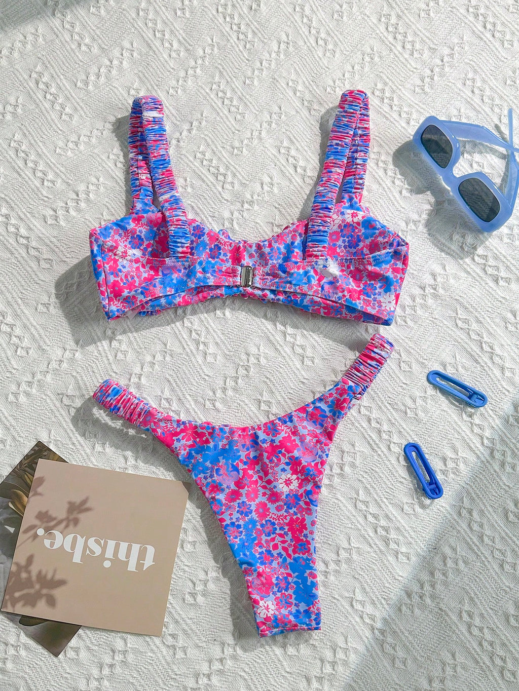 Swim Mod Women's Solid Color Ruched High Cut Sexy Bikini Set,
