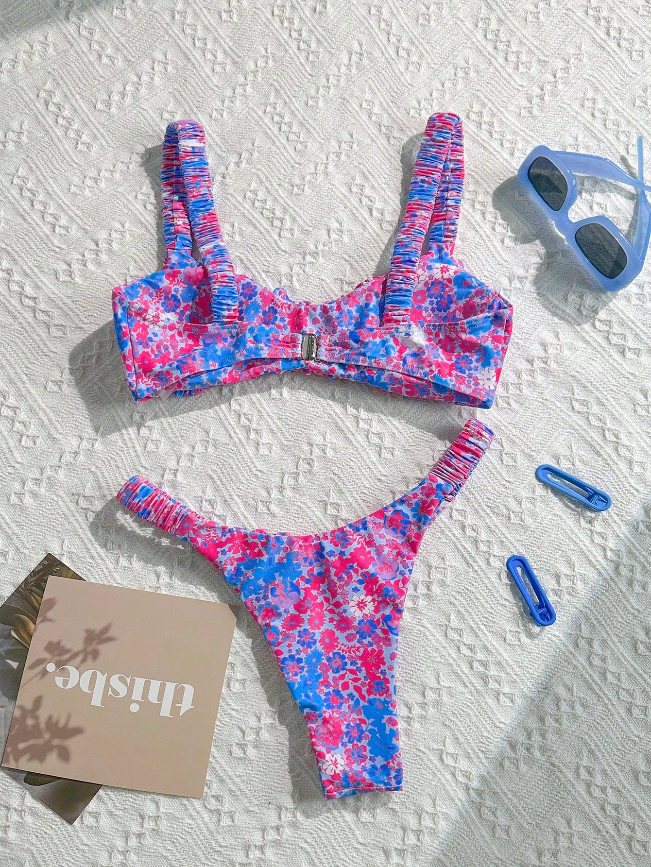 Swim Mod Women's Solid Color Ruched High Cut Sexy Bikini Set,