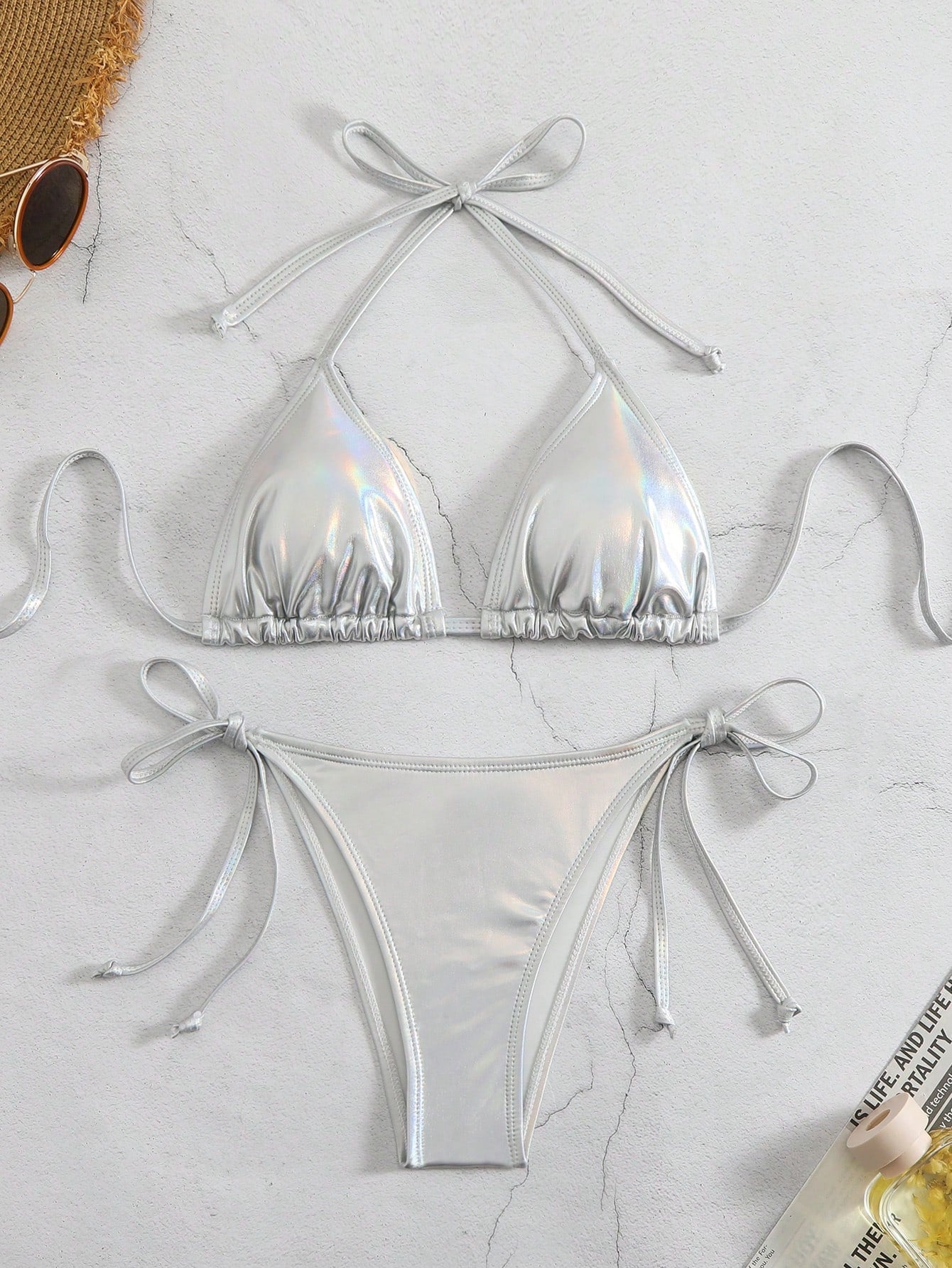 Swim Vcay Summer Beach Metallic Halter Triangle Tie Side Bikini Set