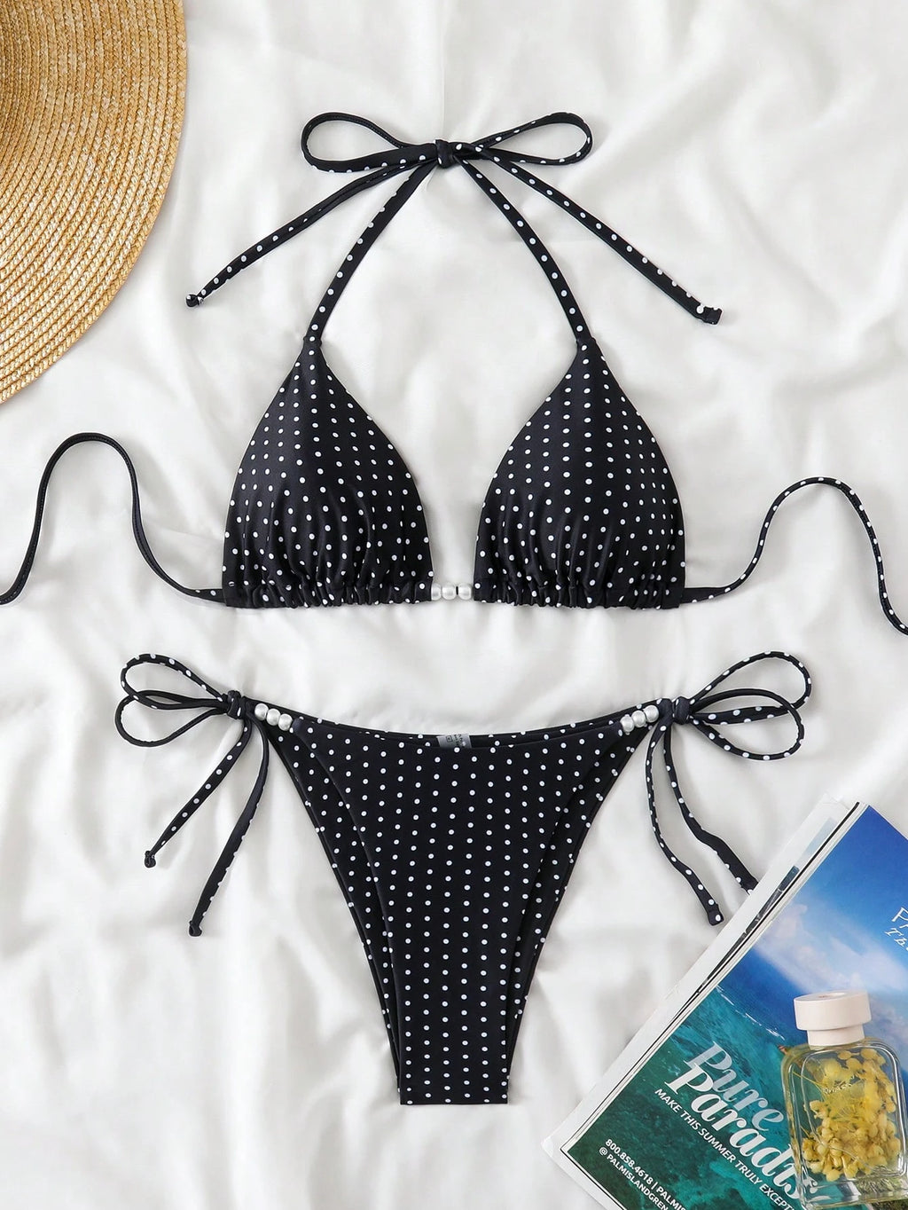 Swim Basics Women's Sexy 2-Piece Polka Dot Random Print Halter Tie Pearl Decor Bikini Set, Summer