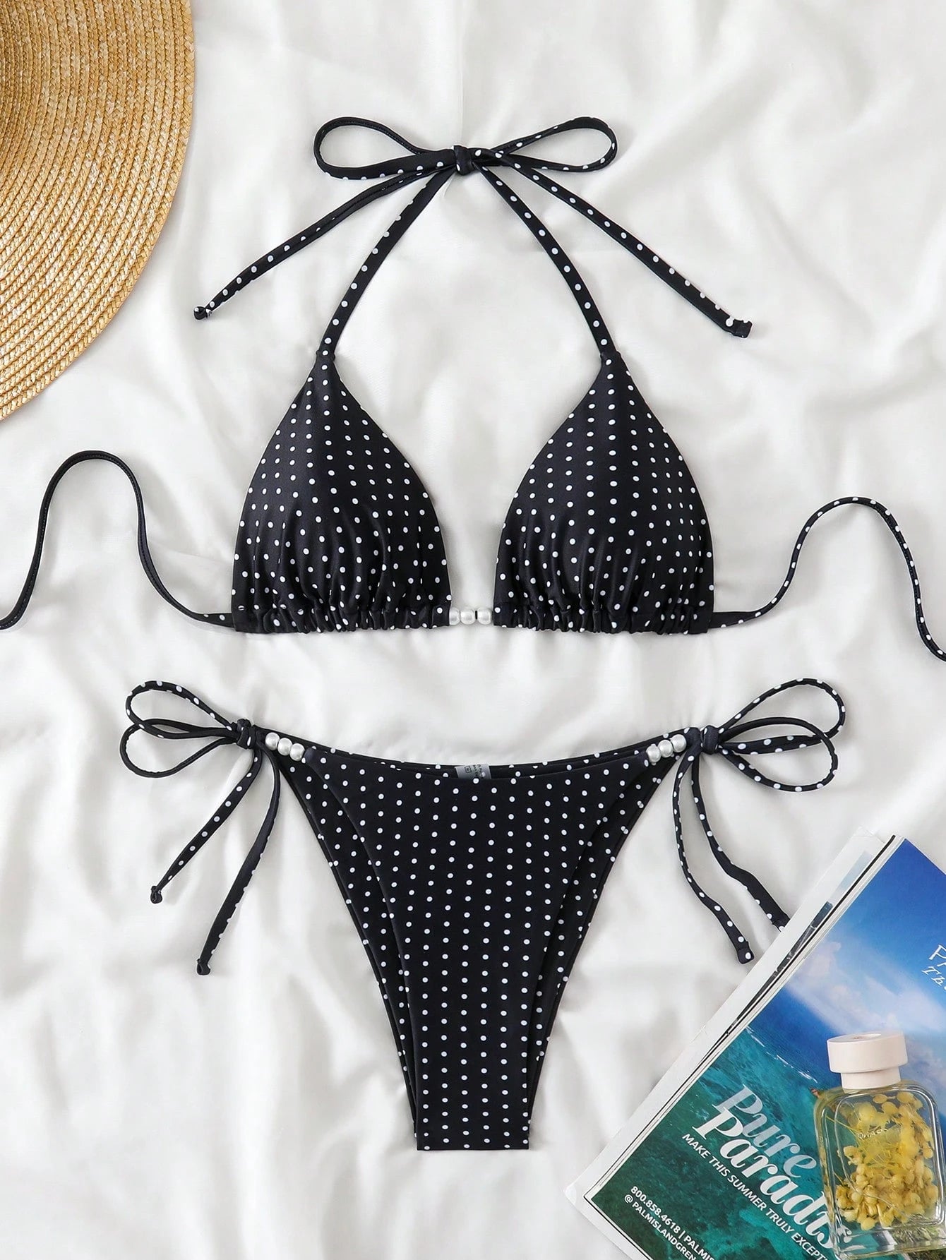 Swim Basics Women's Sexy 2-Piece Polka Dot Random Print Halter Tie Pearl Decor Bikini Set, Summer