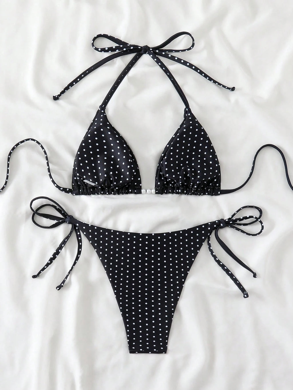 Swim Basics Women's Sexy 2-Piece Polka Dot Random Print Halter Tie Pearl Decor Bikini Set, Summer - image 2