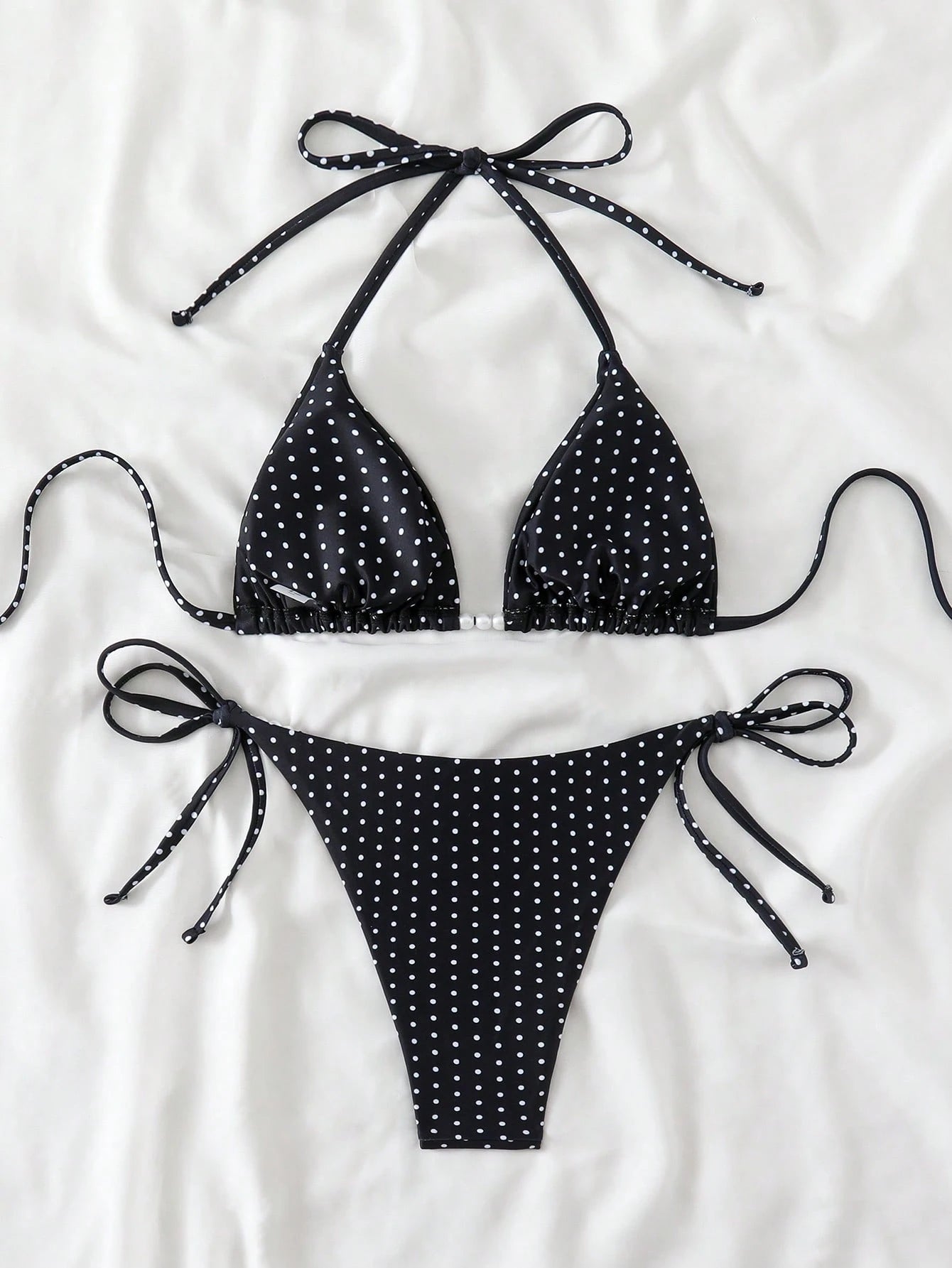 Swim Basics Women's Sexy 2-Piece Polka Dot Random Print Halter Tie Pearl Decor Bikini Set, Summer - image 2