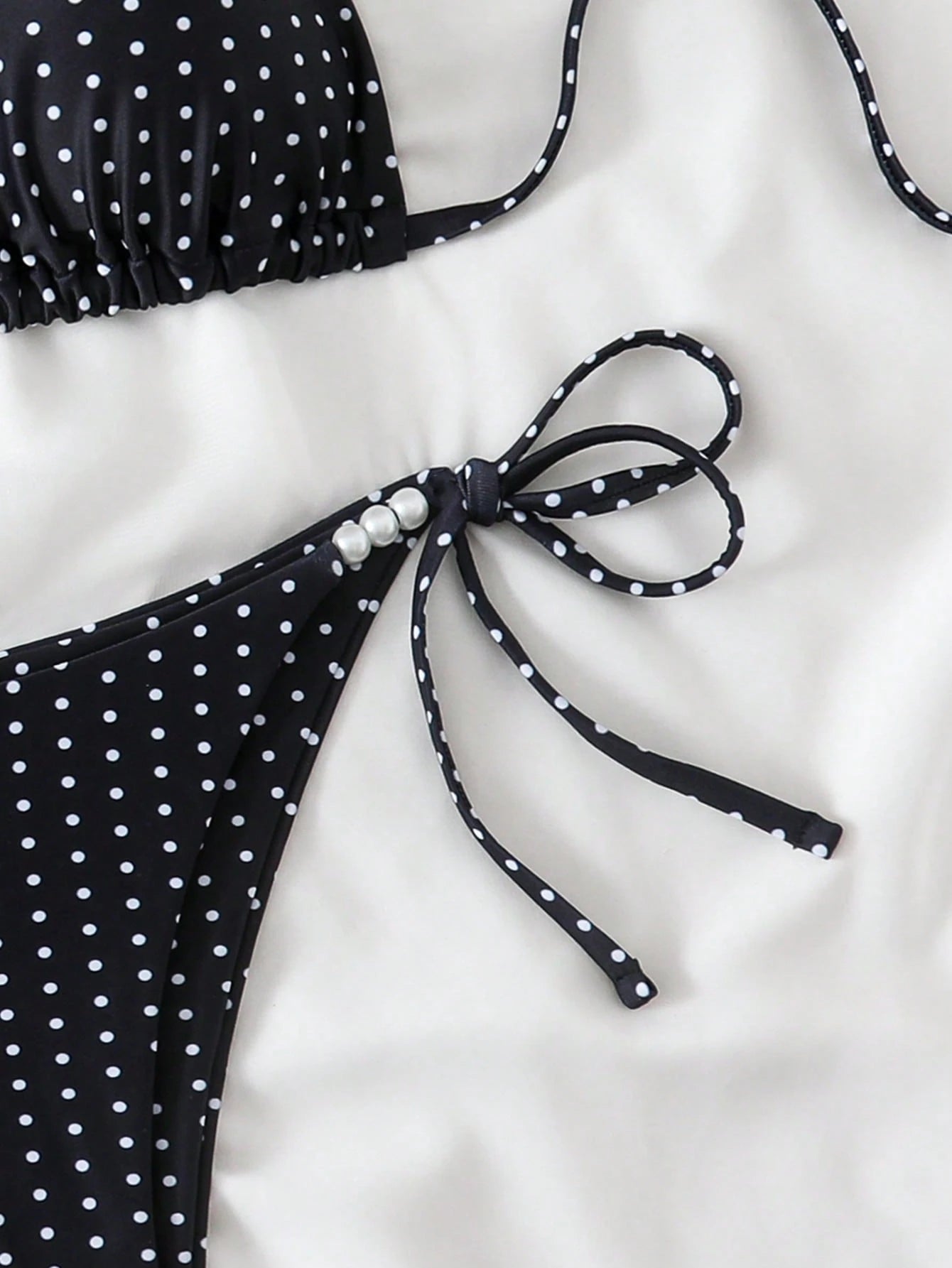 Swim Basics Women's Sexy 2-Piece Polka Dot Random Print Halter Tie Pearl Decor Bikini Set, Summer - image 5