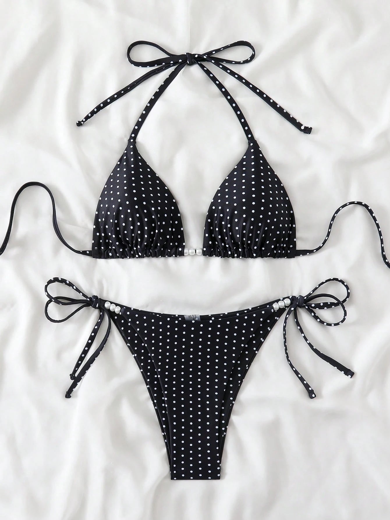 Swim Basics Women's Sexy 2-Piece Polka Dot Random Print Halter Tie Pearl Decor Bikini Set, Summer - image 6