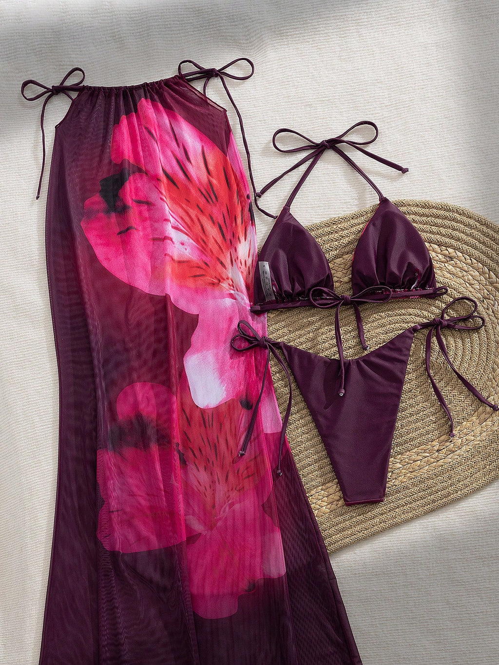 3pcs/Set Women's Halter Floral Print Skirt And Bikini Swimsuit Set, Summer Vacat