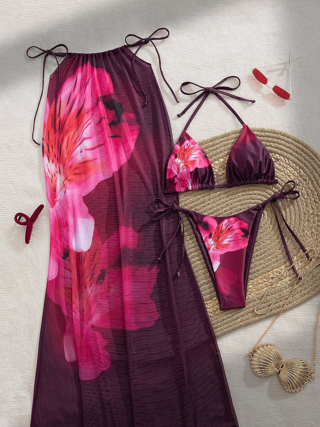 3pcs/Set Women's Halter Floral Print Skirt And Bikini Swimsuit Set, Summer Vacat