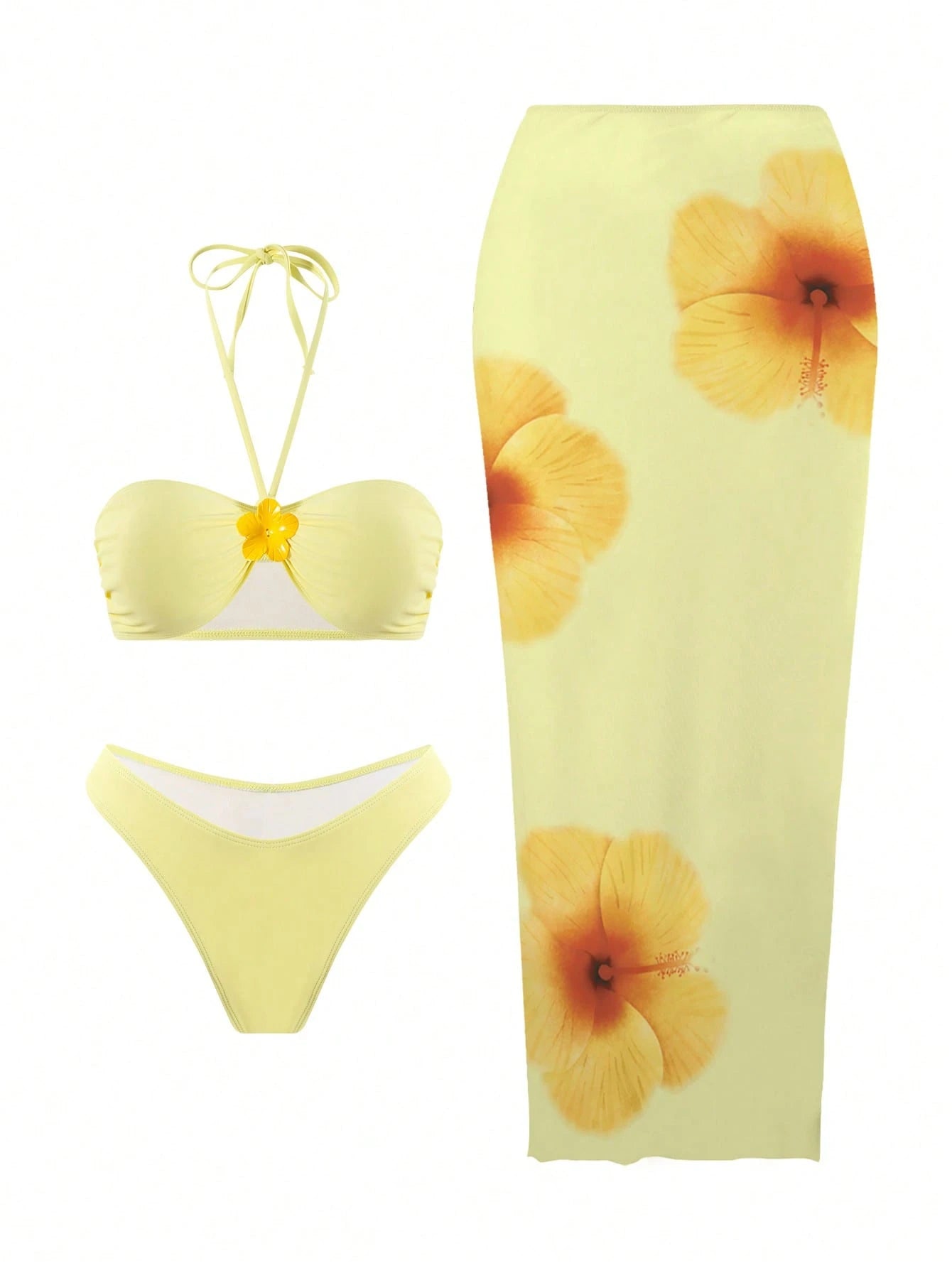 Swim Oasis 3pcs/Set Women Sexy Halter Tie Bikini Top, High Waisted Triangle Bikini Bottoms, And Floral Print - image 2