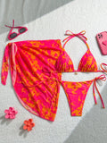 Swim Mod 3pcs/Set Women's Random Print Halter Neck Beach Dress, Tie-Up Retro Hol