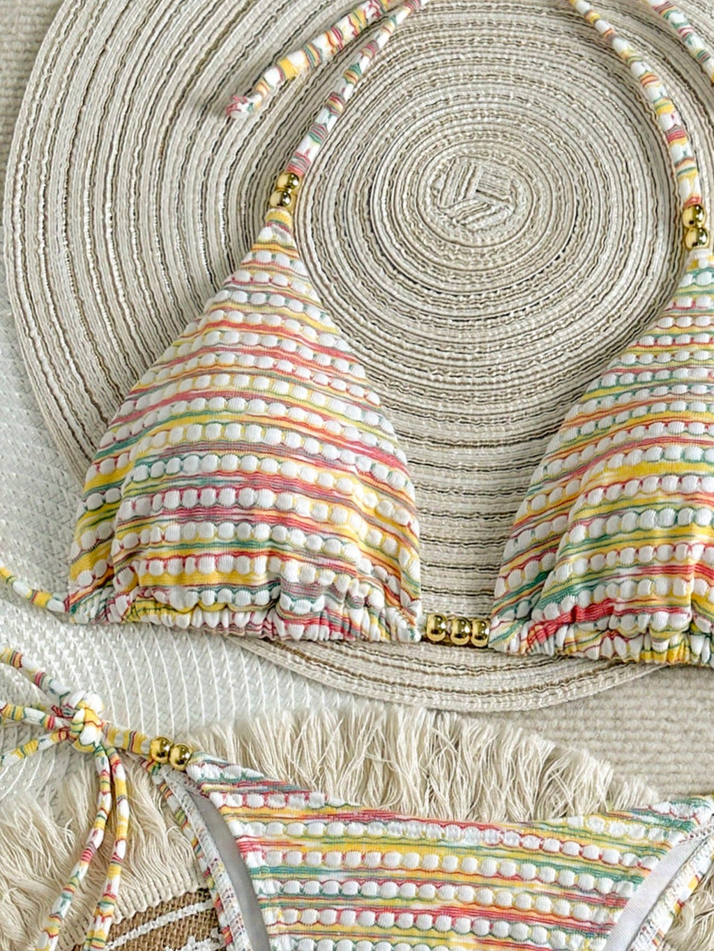 Mother's Day 1pc Elegant Colorful Striped Beaded Halter Bikini Set,