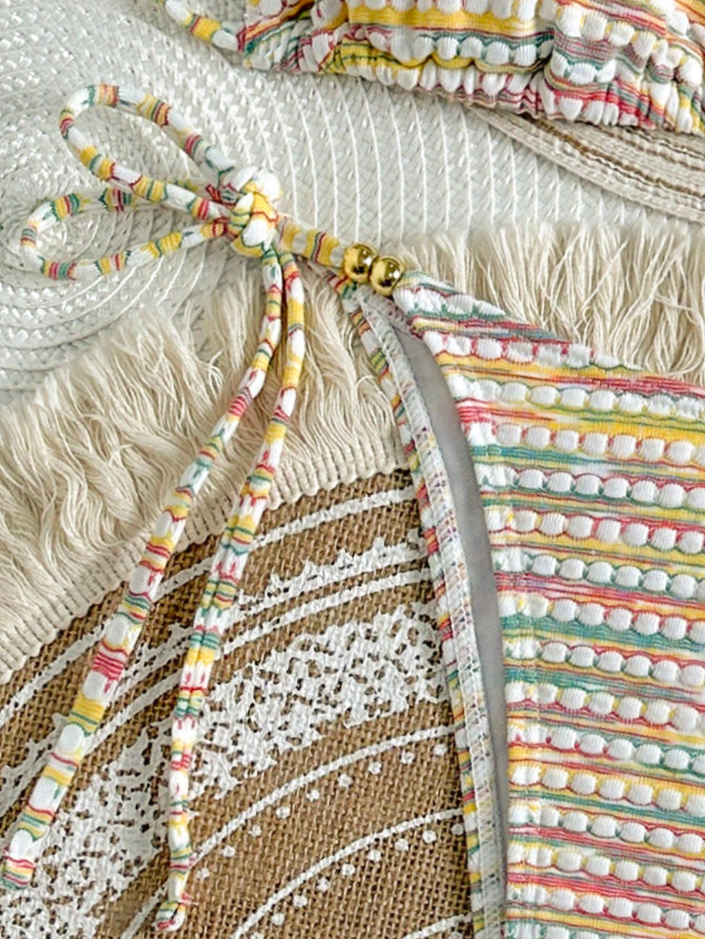 Mother's Day 1pc Elegant Colorful Striped Beaded Halter Bikini Set,