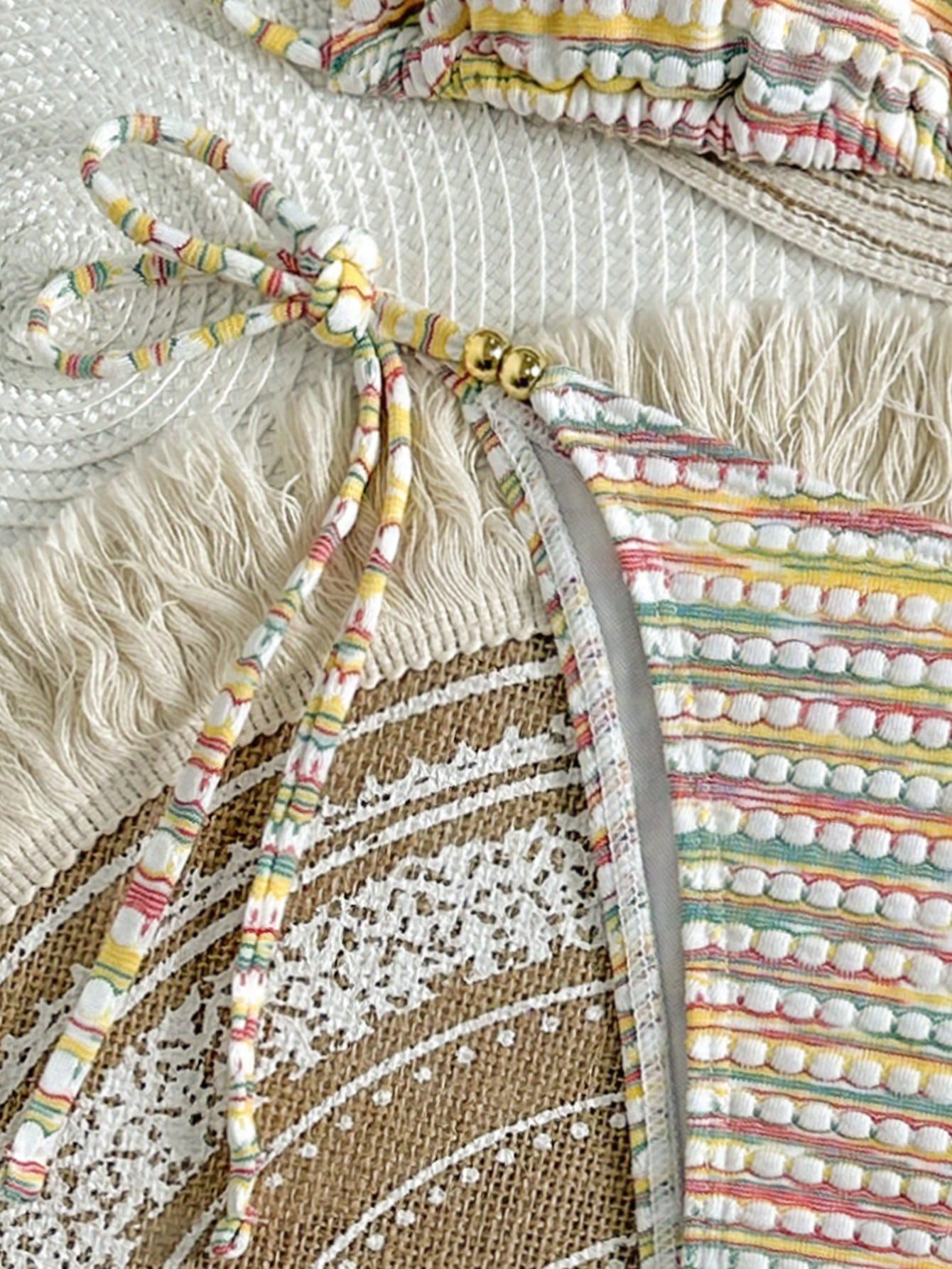 Mother's Day 1pc Elegant Colorful Striped Beaded Halter Bikini Set,