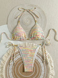Mother's Day 1pc Elegant Colorful Striped Beaded Halter Bikini Set,