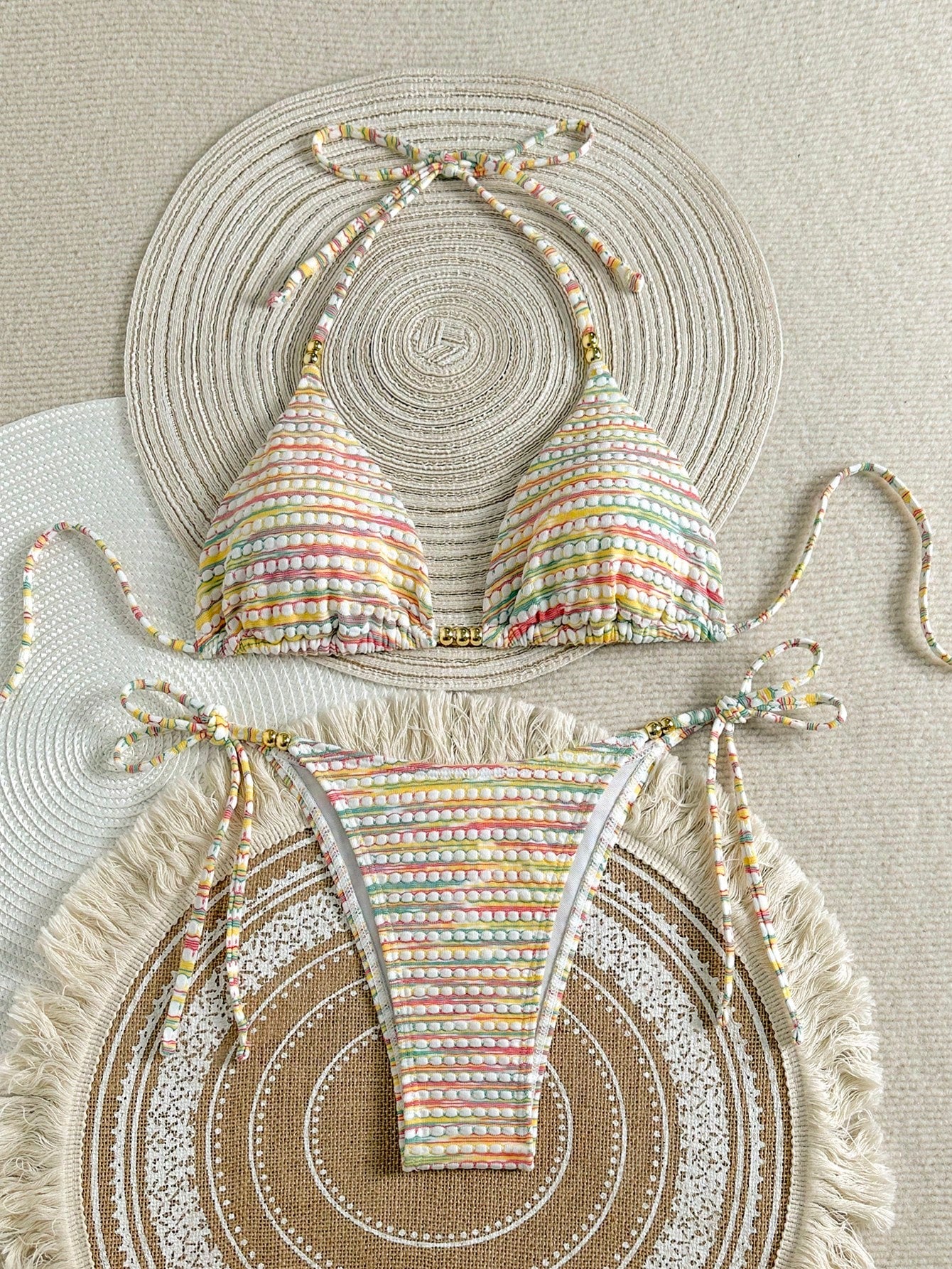 Mother's Day 1pc Elegant Colorful Striped Beaded Halter Bikini Set,