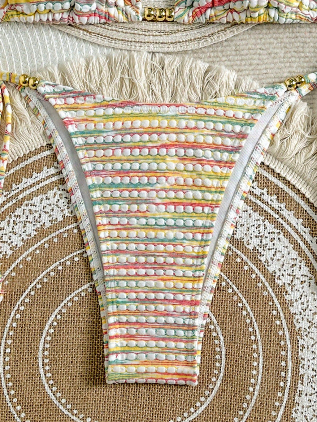 Mother's Day 1pc Elegant Colorful Striped Beaded Halter Bikini Set,