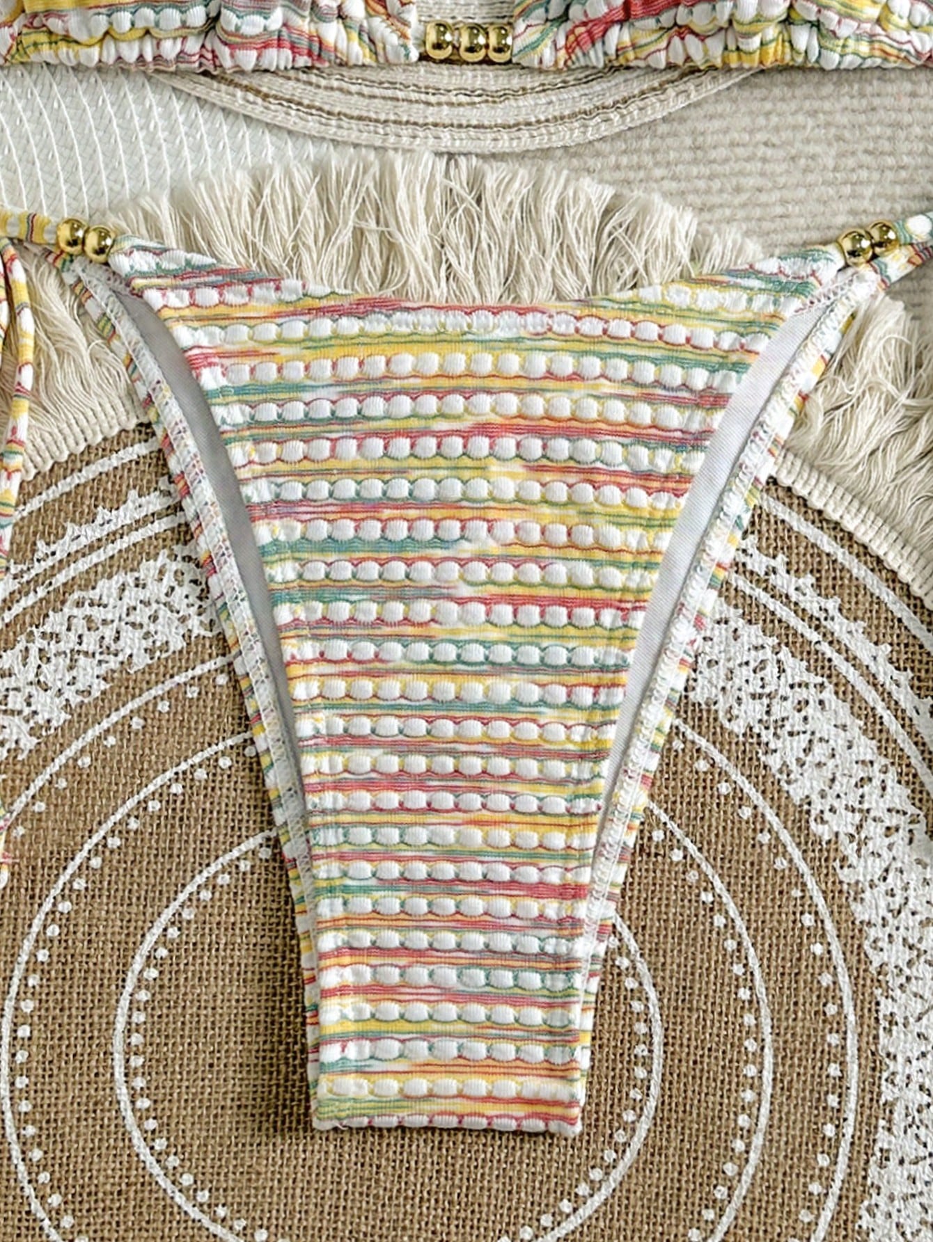 Mother's Day 1pc Elegant Colorful Striped Beaded Halter Bikini Set,