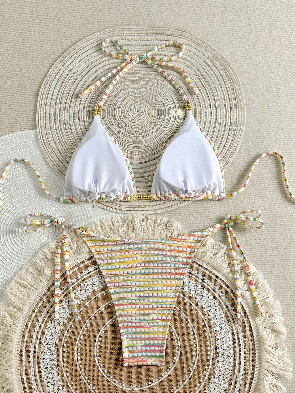 Mother's Day 1pc Elegant Colorful Striped Beaded Halter Bikini Set,
