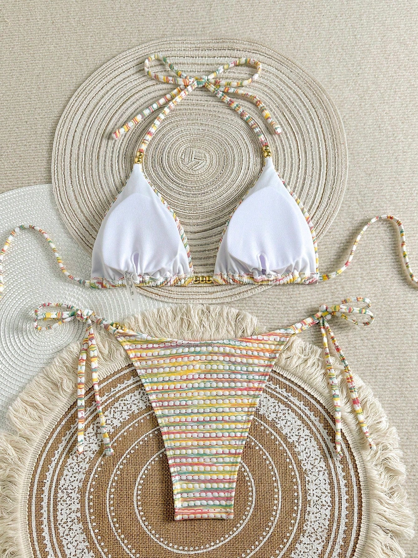 Mother's Day 1pc Elegant Colorful Striped Beaded Halter Bikini Set,