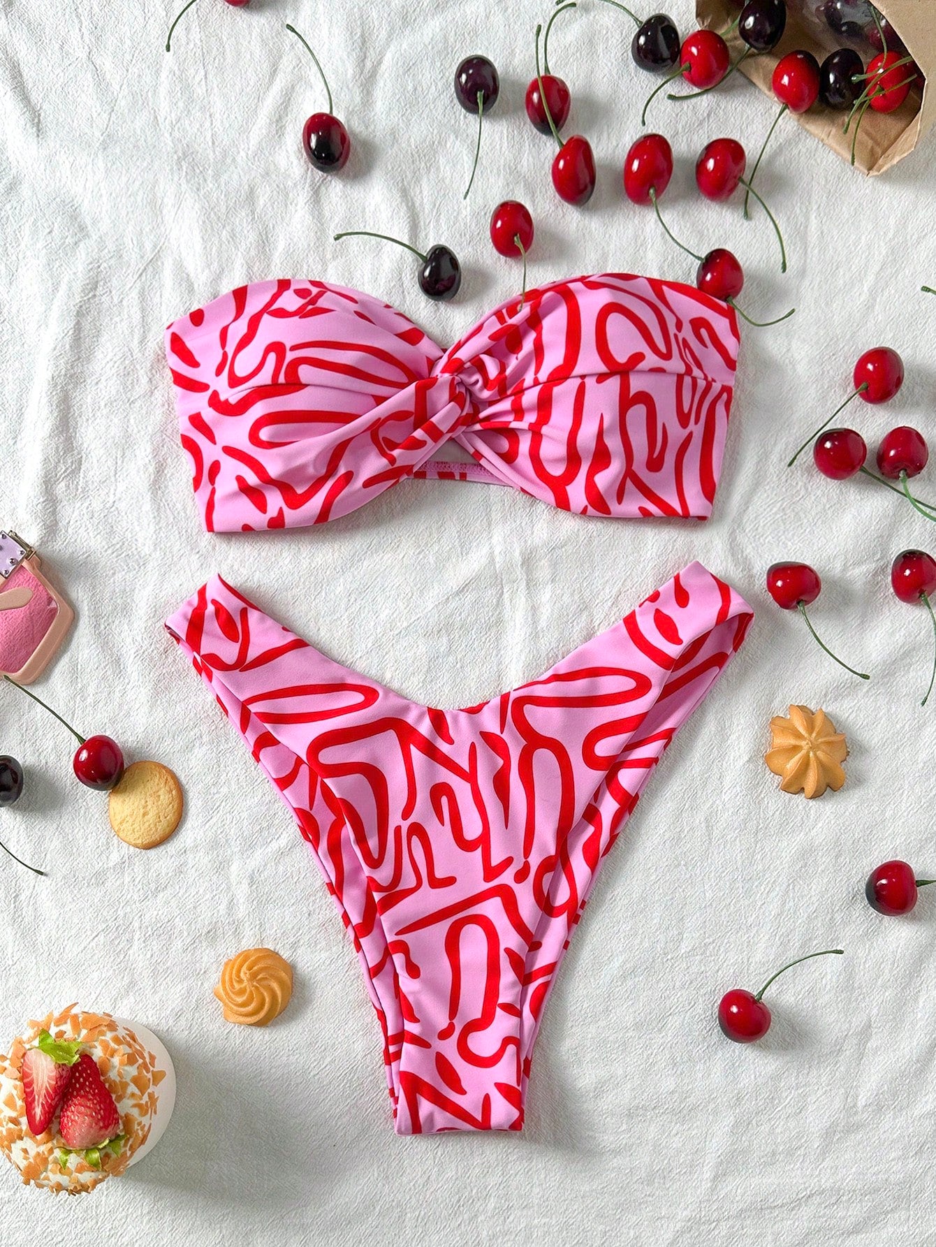 Swim Mod Multicolor Sleeveless Textured Pattern Bandeau Bikini Set