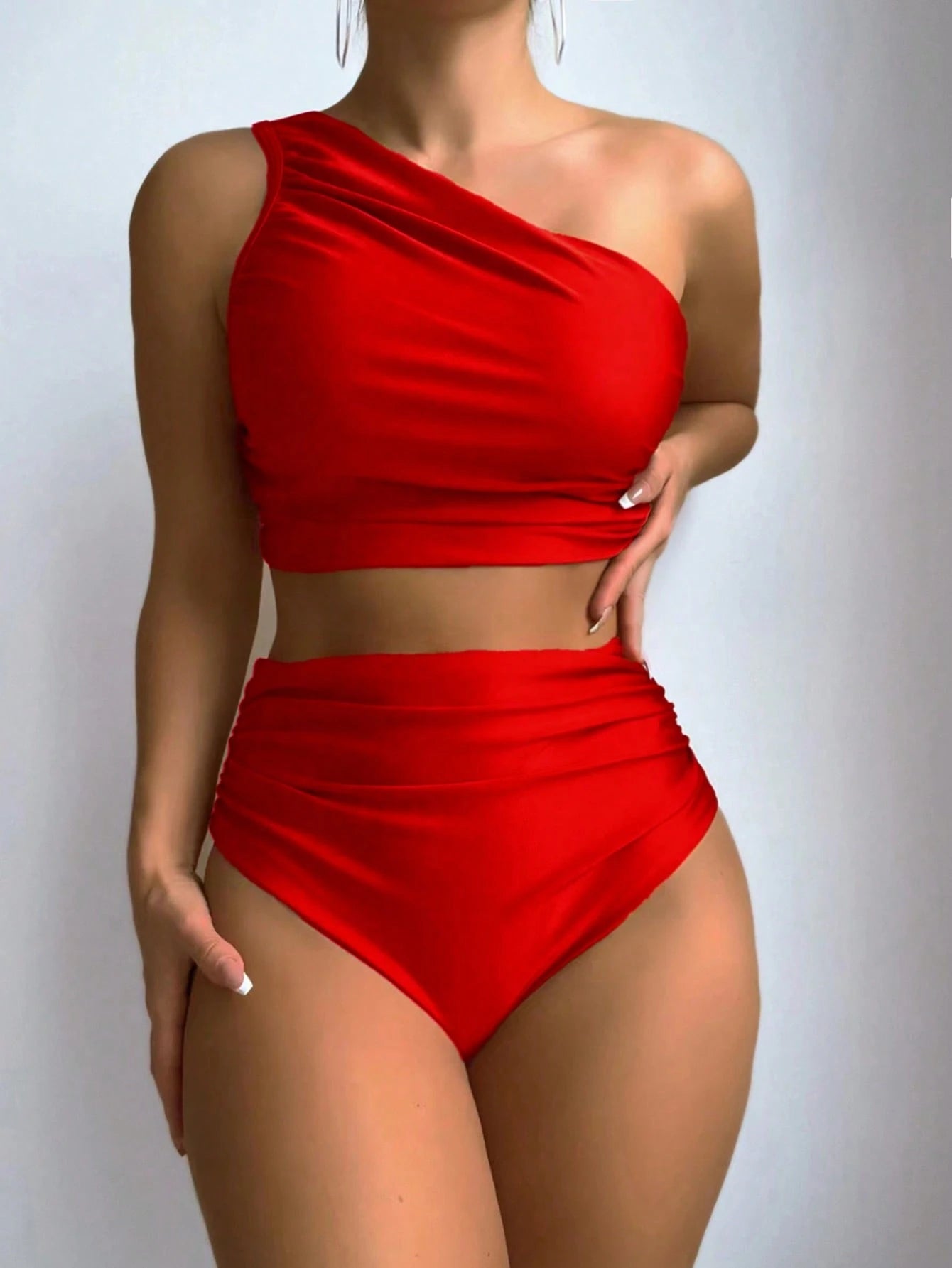 Swim Summer Beach Women's Solid Color Pleated One Shoulder Sleeveless Bikini Set