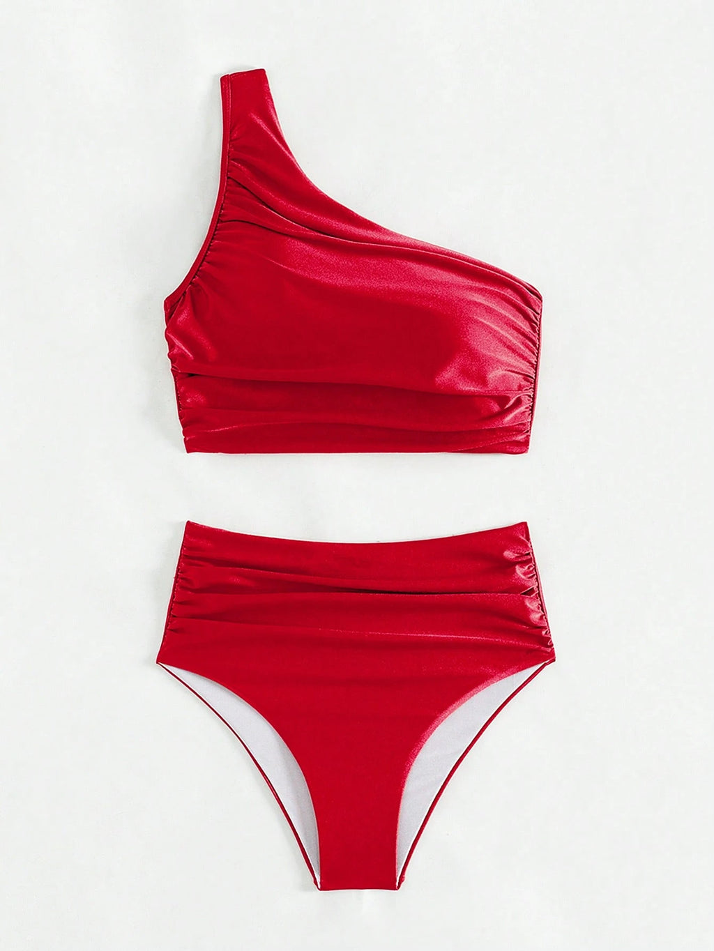 Swim Summer Beach Women's Solid Color Pleated One Shoulder Sleeveless Bikini Set