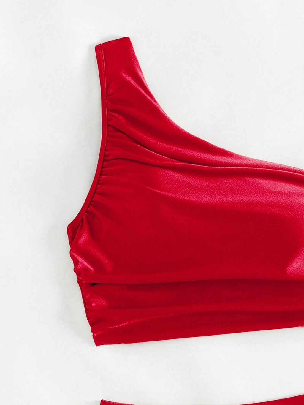 Swim Summer Beach Women's Solid Color Pleated One Shoulder Sleeveless Bikini Set