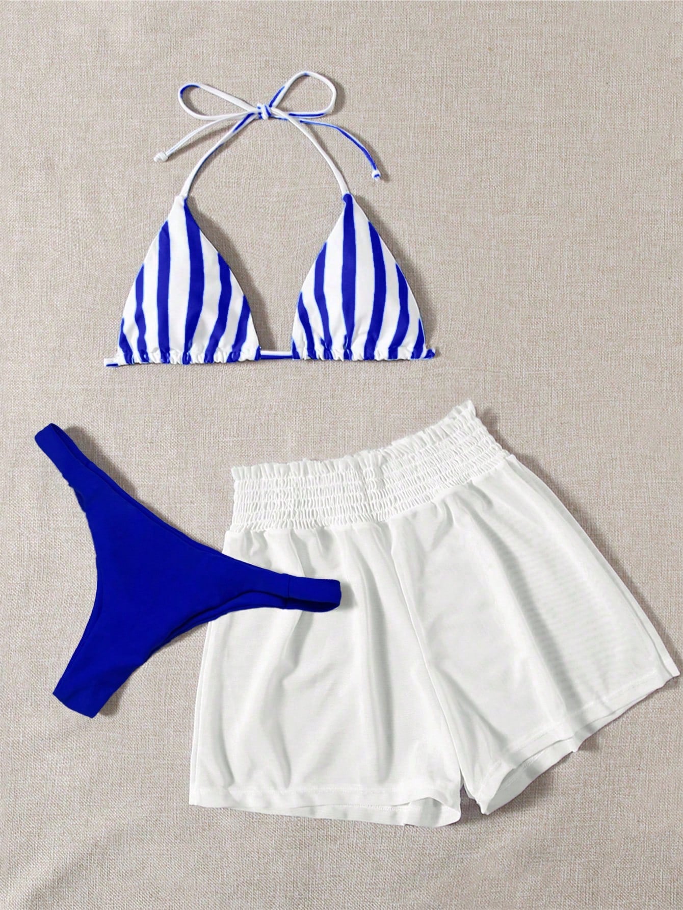 Swim Mod 3pcs Set Fresh Blue & White Striped Top, Blue Bottom And White Cover Up