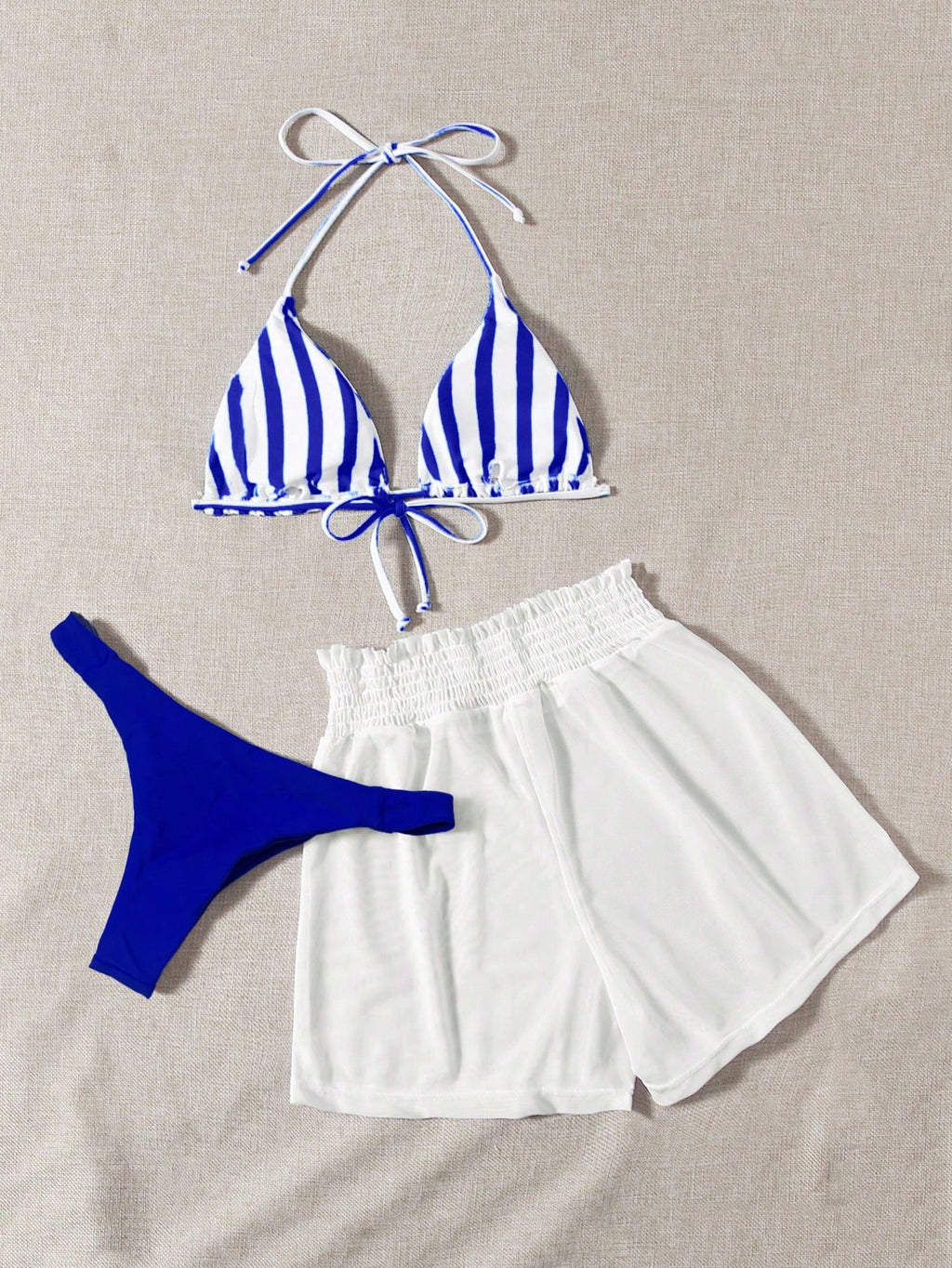 Swim Mod 3pcs Set Fresh Blue & White Striped Top, Blue Bottom And White Cover Up