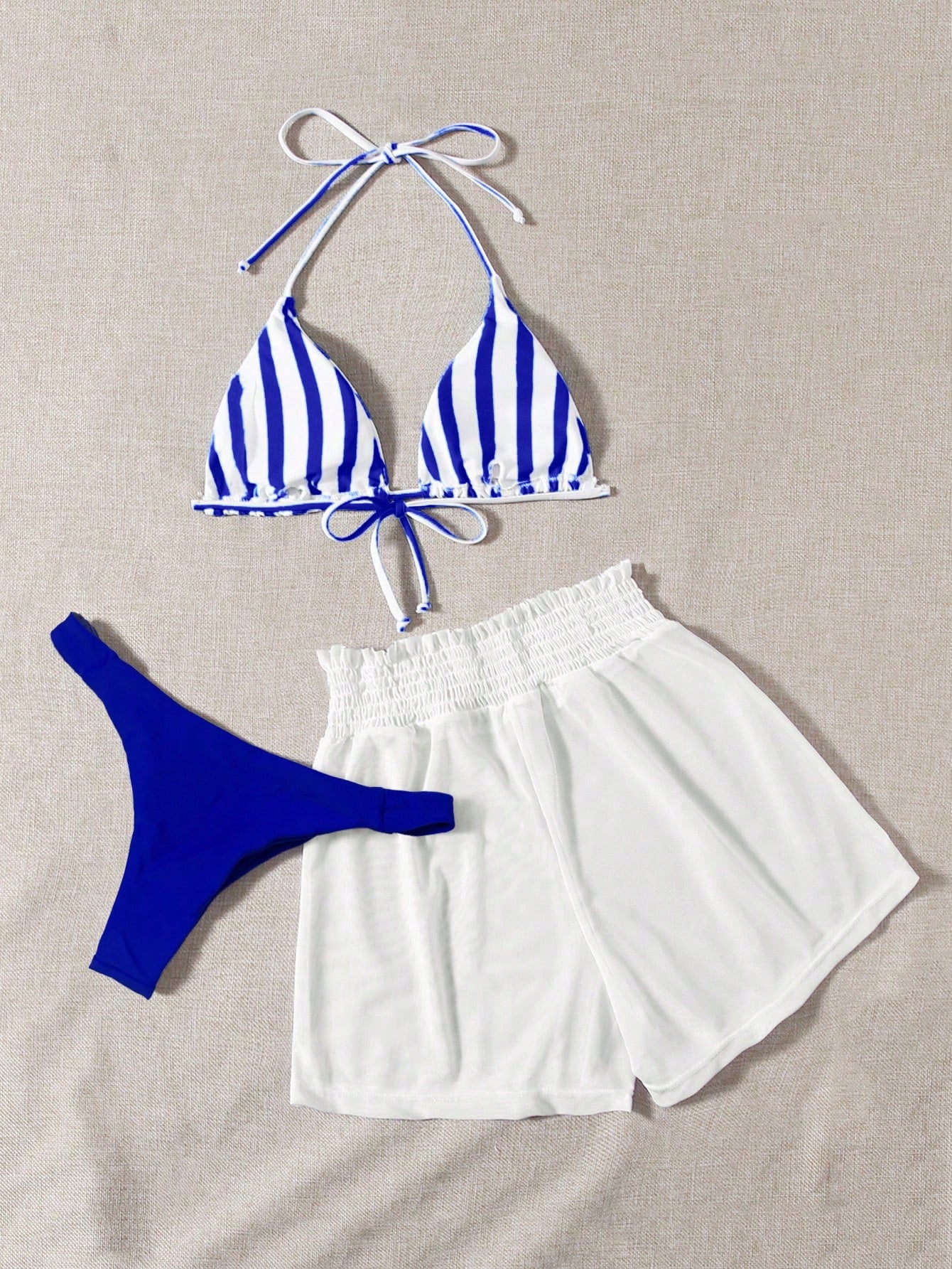 Swim Mod Summer Beach Striped Triangle Bikini Set & Mesh Shorts