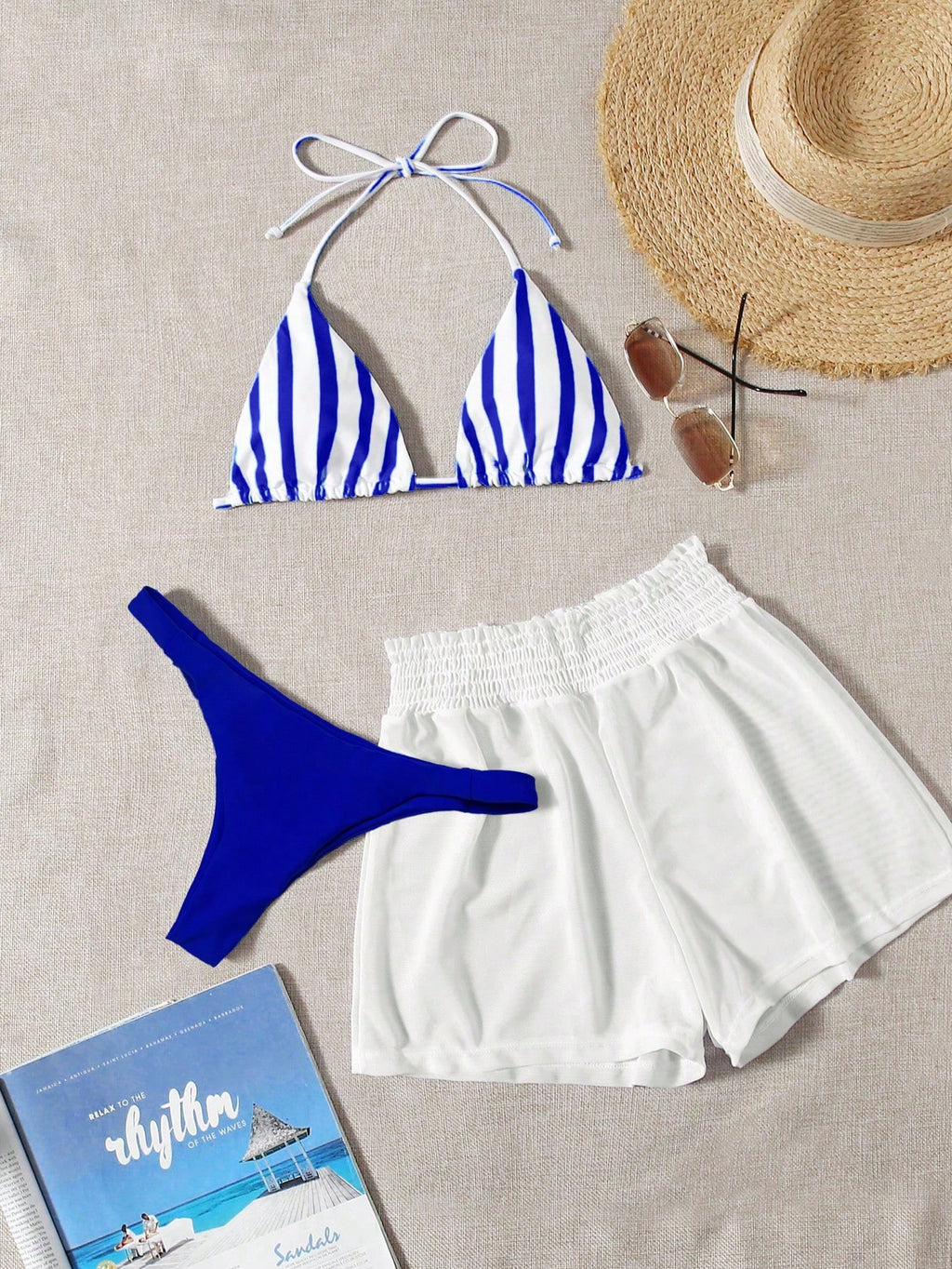 Swim Mod 3pcs Set Fresh Blue & White Striped Top, Blue Bottom And White Cover Up