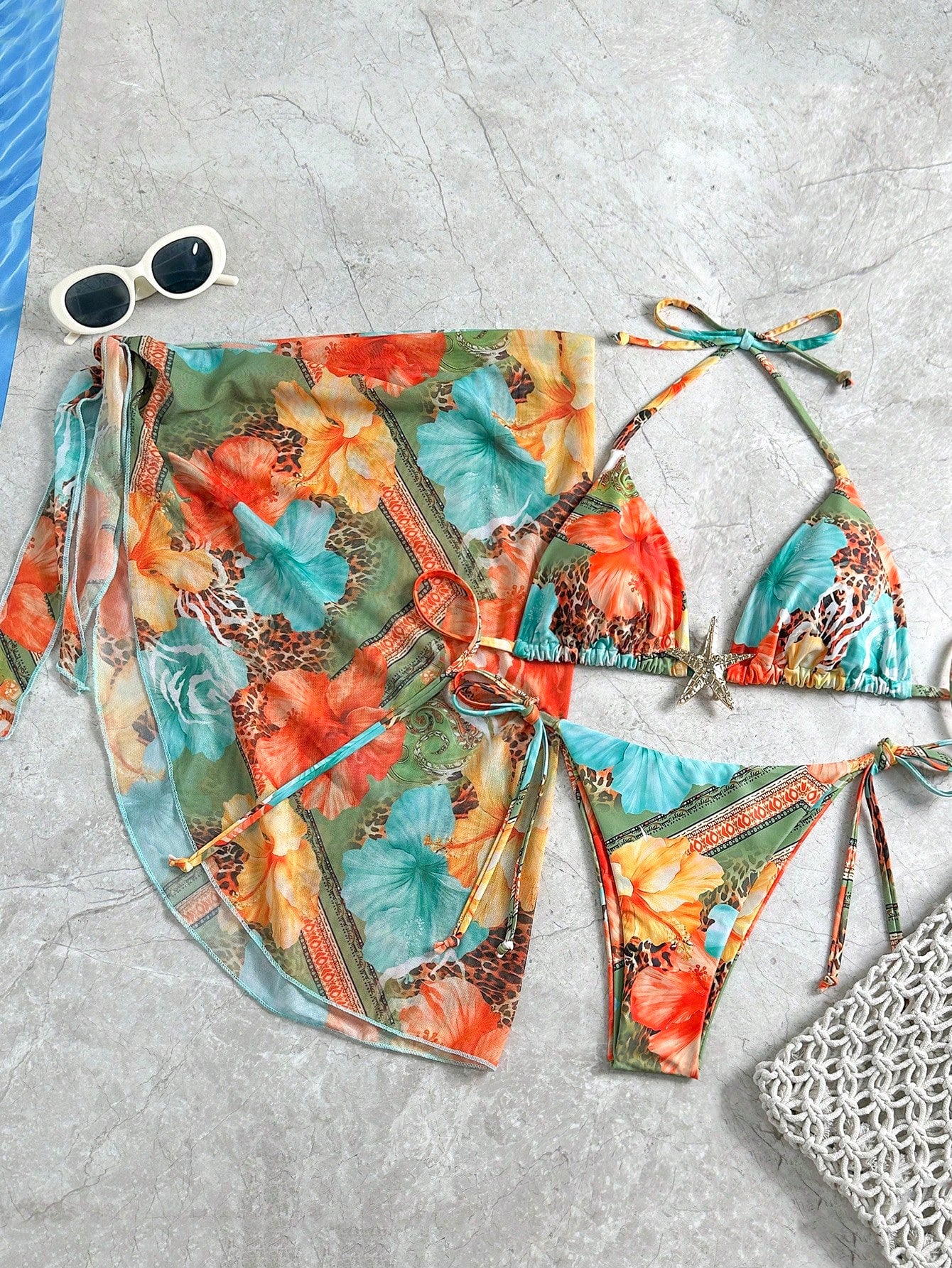 Swim Mod 3pcs/Set Women's Random Print Halter Neck Beach Dress, Tie-Up Retro Hol