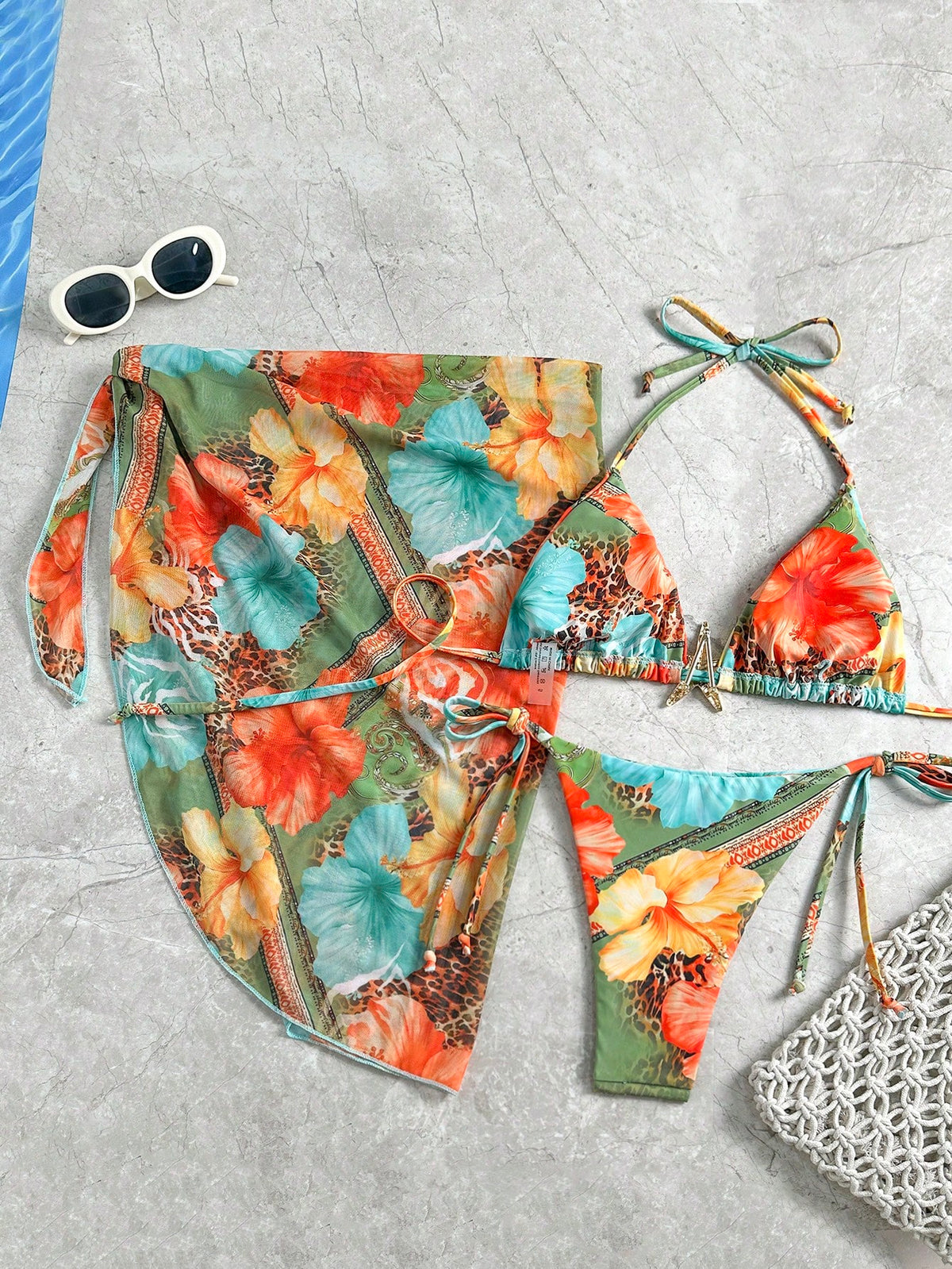 Swim Mod 3pcs/Set Women's Random Print Halter Neck Beach Dress, Tie-Up Retro Holiday Bikini Set, Summer - image 20