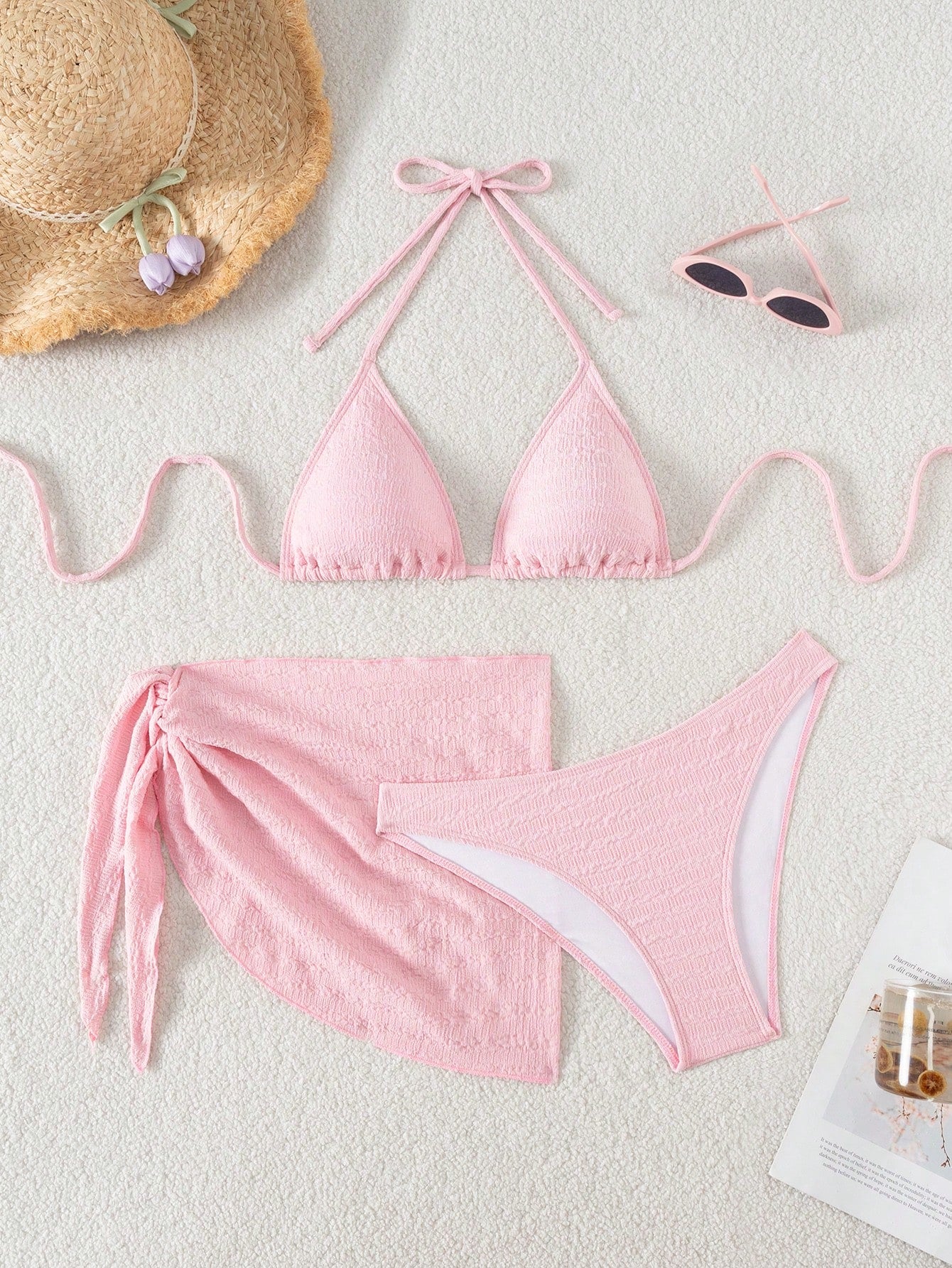 Swim Basics 3pcs/Set Women Solid Color Halter Neck Swimsuit, Triangle